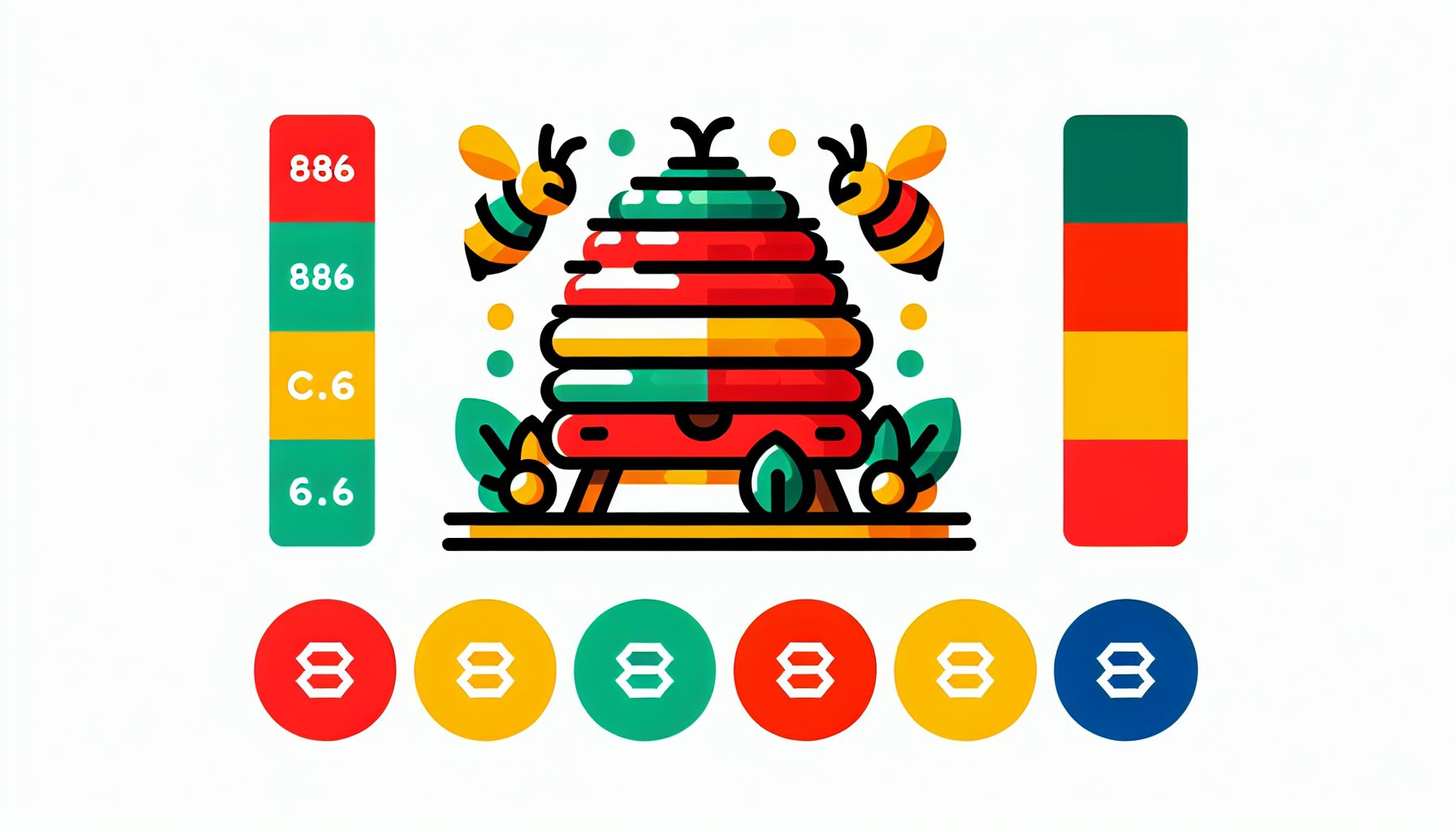 Beehive in flat illustration style and white background, red #f47574, green #88c7a8, yellow #fcc44b, and blue #645bc8 colors.