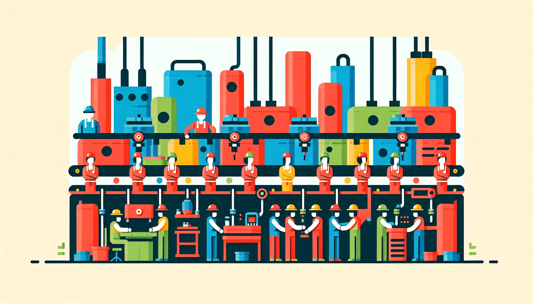 Assembly line in flat illustration style and white background, red #f47574, green #88c7a8, yellow #fcc44b, and blue #645bc8 colors.