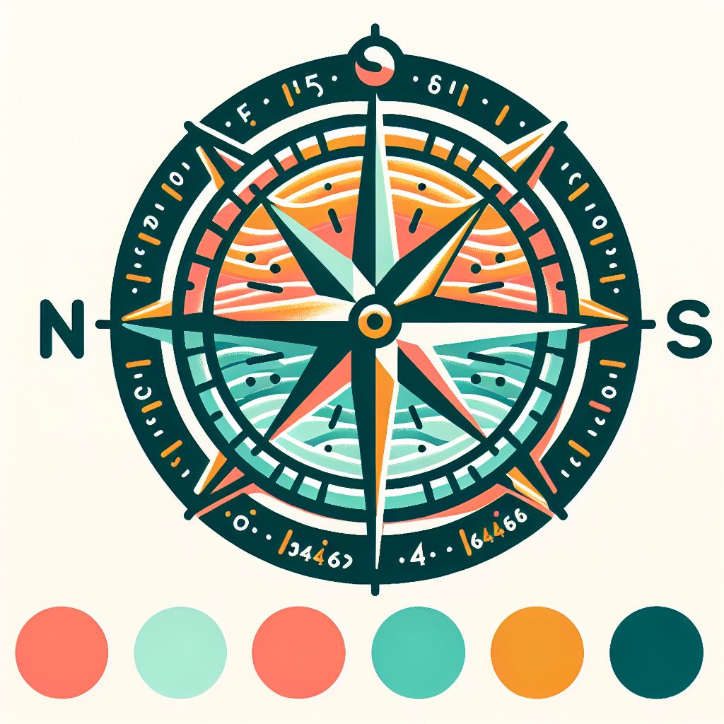 Compass in illustration style with gradients and white background, f47574, 88c7a8, fcc44b, and 645bc8 colors.
