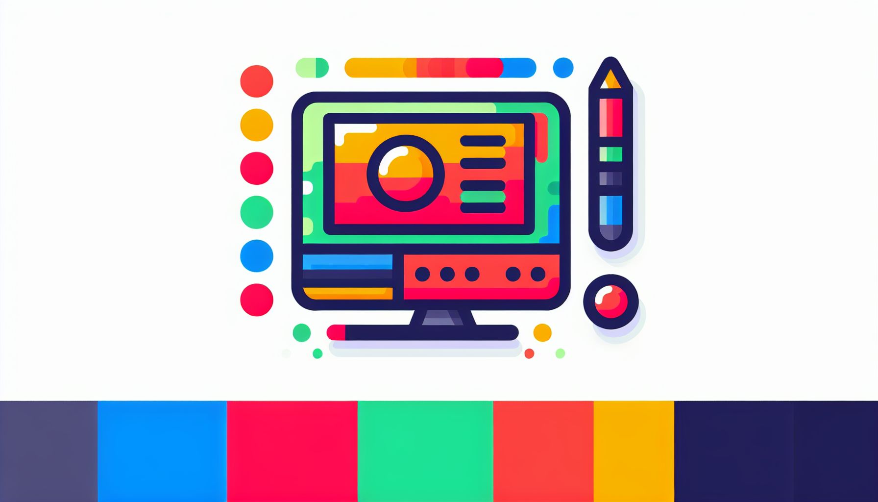Computer in flat illustration style and white background, red #f47574, green #88c7a8, yellow #fcc44b, and blue #645bc8 colors.