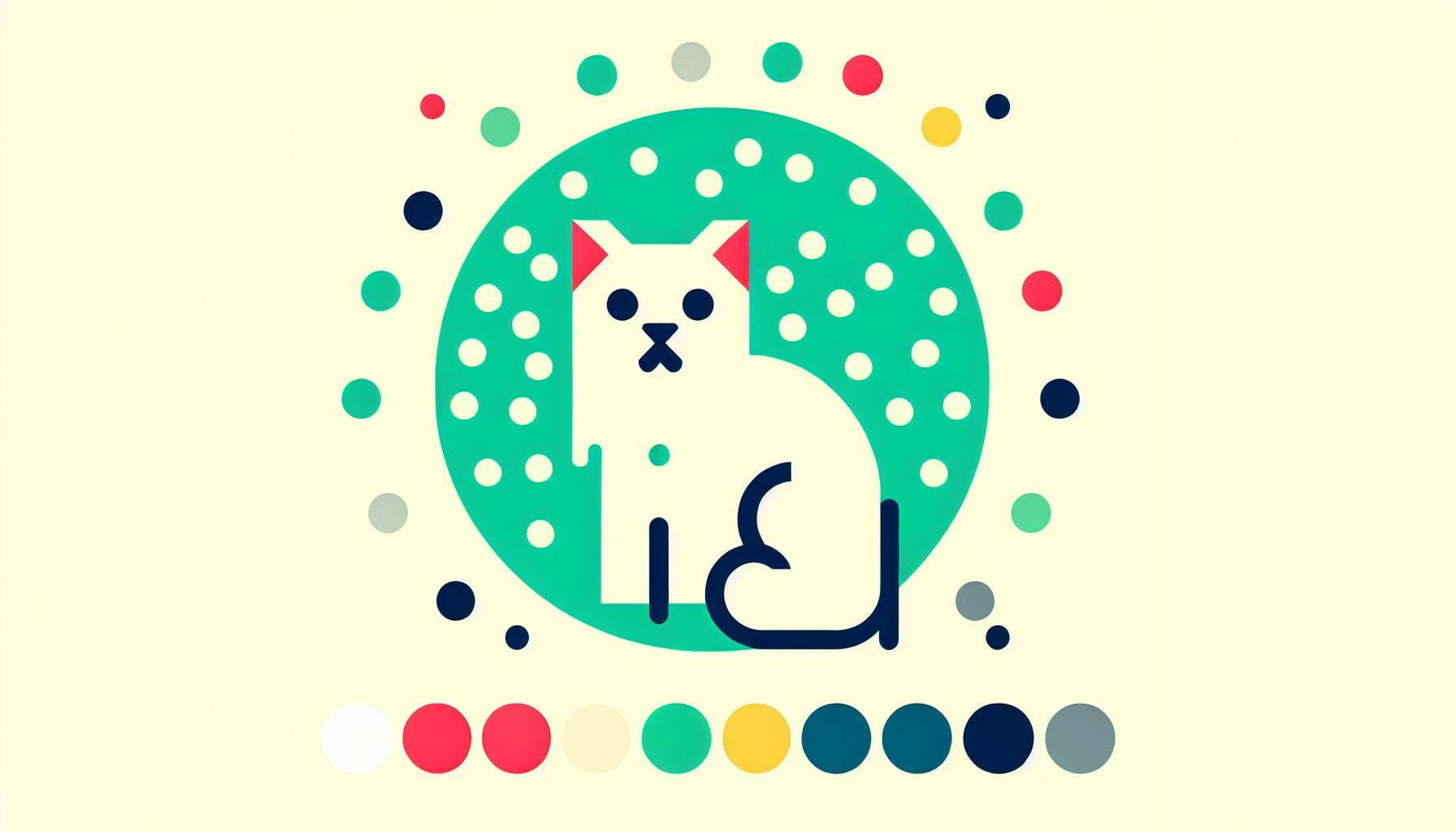 Cat in flat illustration style and white background, red #f47574, green #88c7a8, yellow #fcc44b, and blue #645bc8 colors.