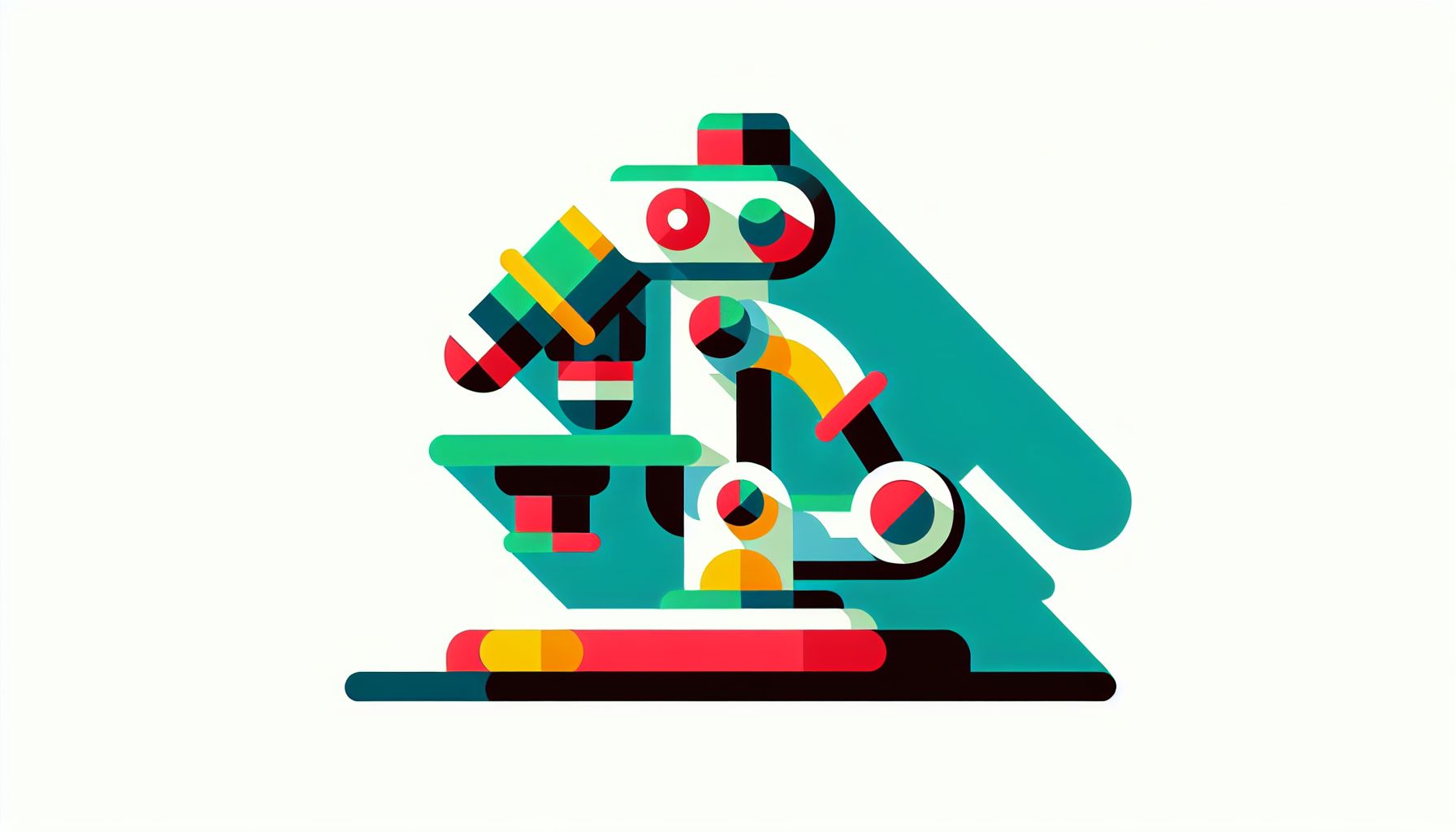 Microscope in flat illustration style and white background, red #f47574, green #88c7a8, yellow #fcc44b, and blue #645bc8 colors.