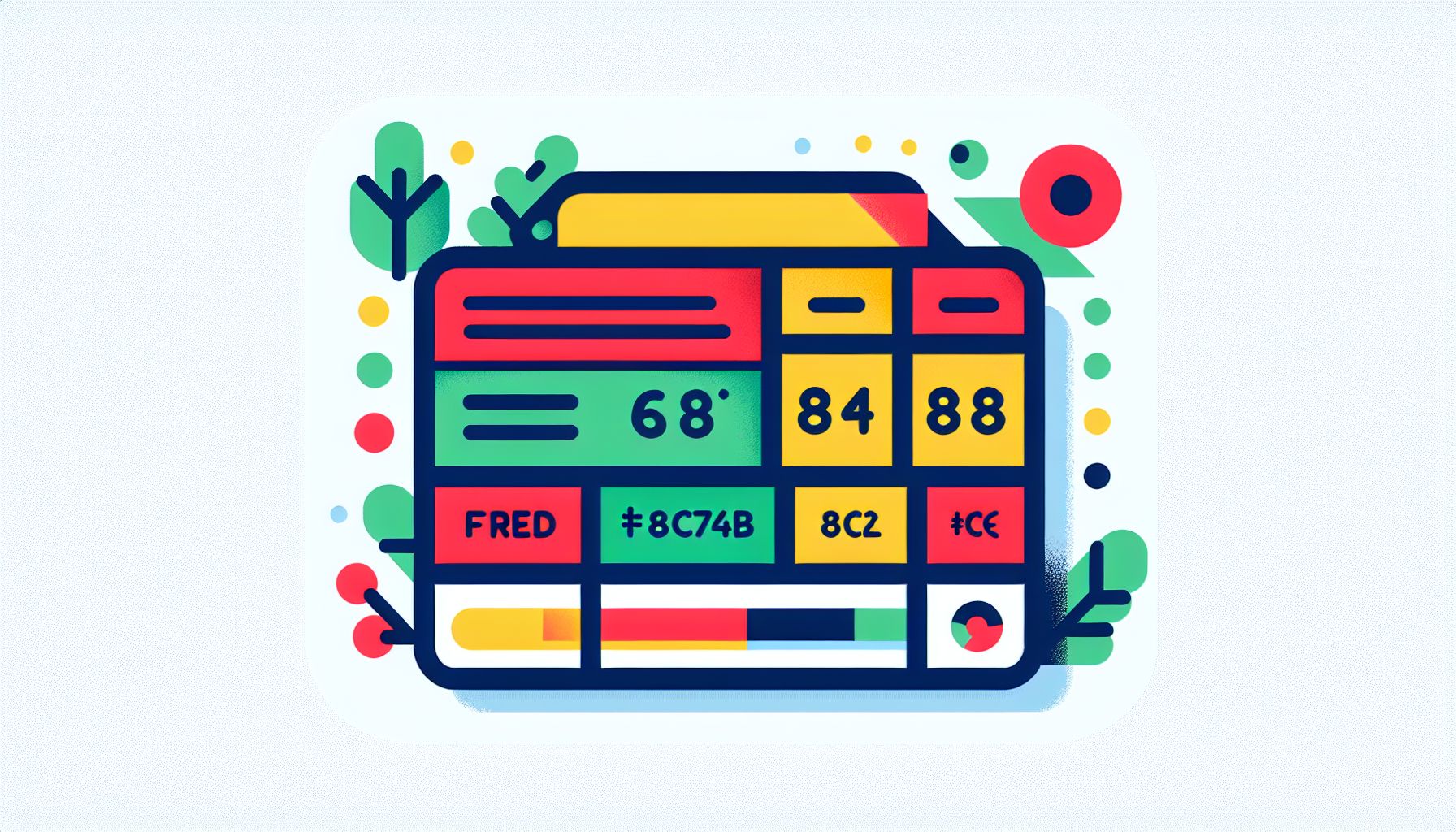 Report card in flat illustration style and white background, red #f47574, green #88c7a8, yellow #fcc44b, and blue #645bc8 colors.