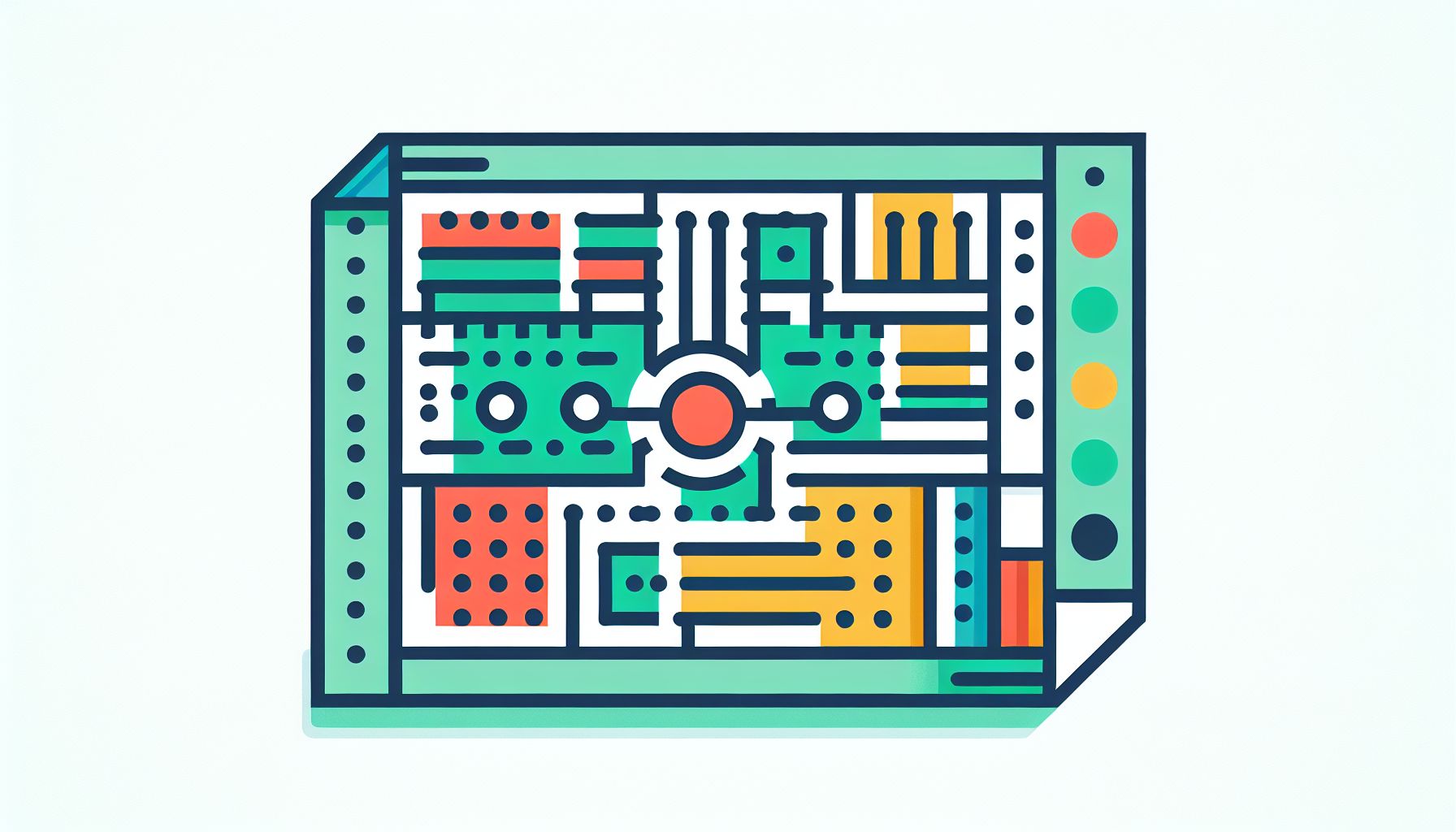 Blueprint in flat illustration style and white background, red #f47574, green #88c7a8, yellow #fcc44b, and blue #645bc8 colors.