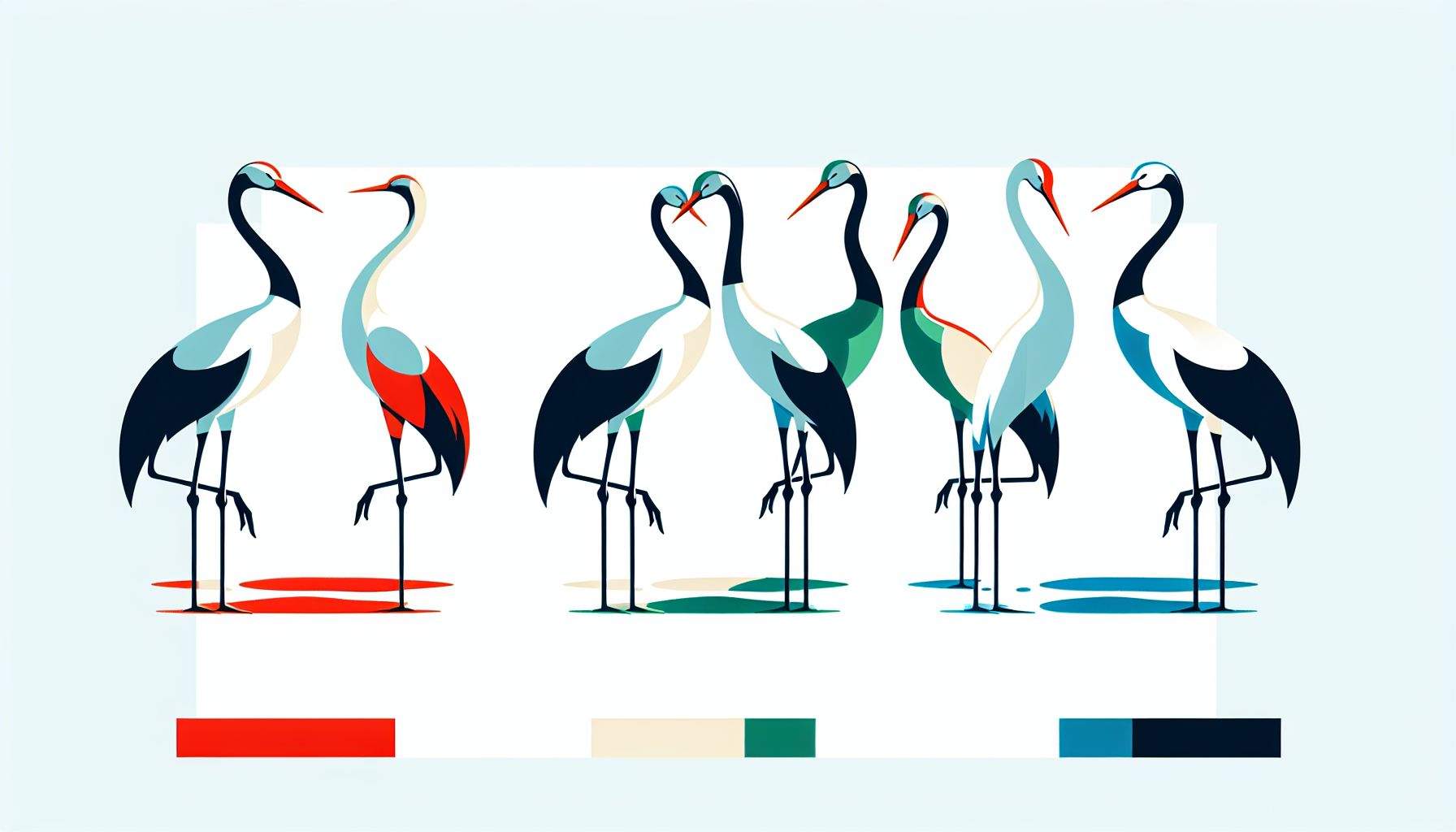 Cranes in flat illustration style and white background, red #f47574, green #88c7a8, yellow #fcc44b, and blue #645bc8 colors.