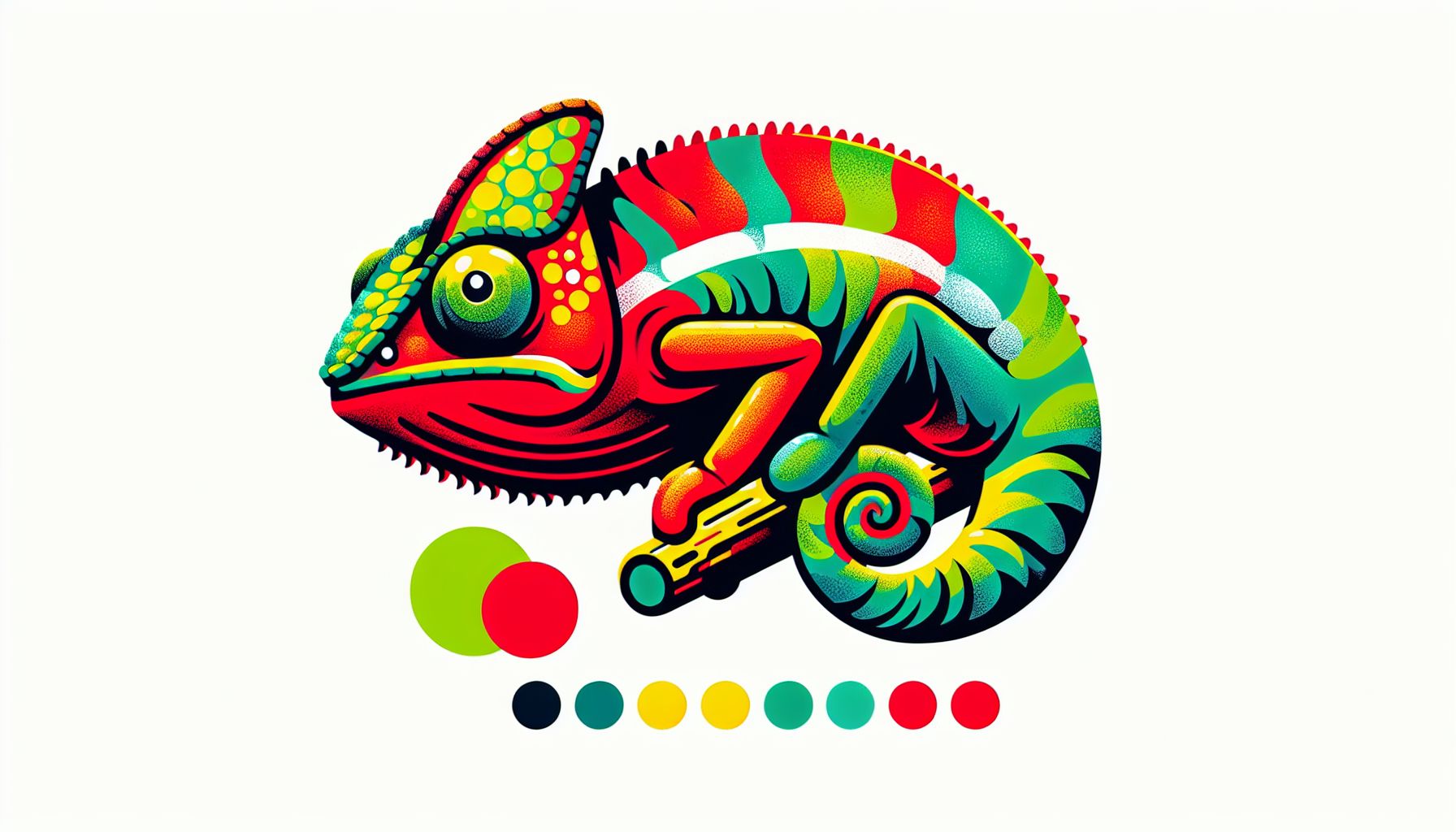 Chameleon in flat illustration style and white background, red #f47574, green #88c7a8, yellow #fcc44b, and blue #645bc8 colors.