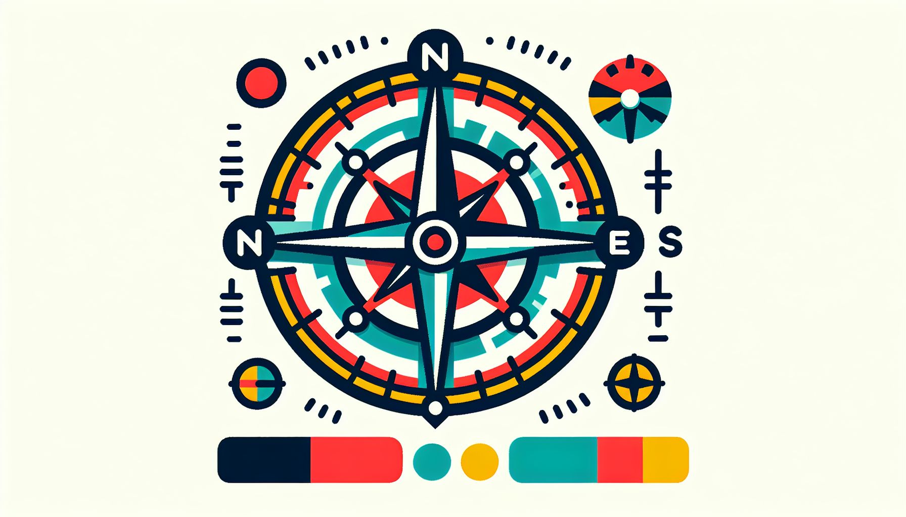 Compass in flat illustration style and white background, red #f47574, green #88c7a8, yellow #fcc44b, and blue #645bc8 colors.
