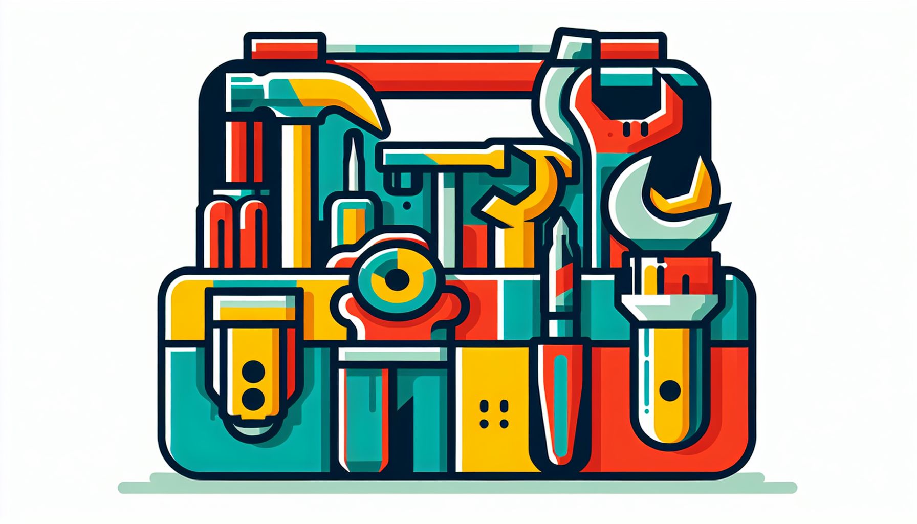 Toolbox in flat illustration style and white background, red #f47574, green #88c7a8, yellow #fcc44b, and blue #645bc8 colors.