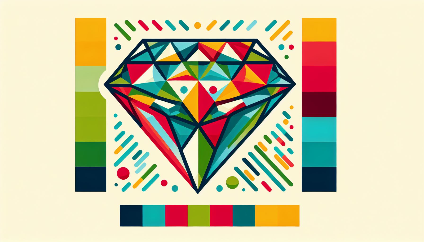 Synthetic diamond in flat illustration style and white background, red #f47574, green #88c7a8, yellow #fcc44b, and blue #645bc8 colors.