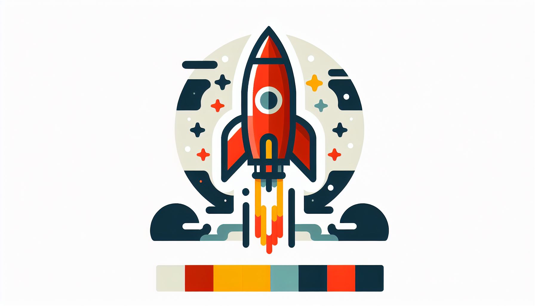 Rocket in flat illustration style and white background, red #f47574, green #88c7a8, yellow #fcc44b, and blue #645bc8 colors.