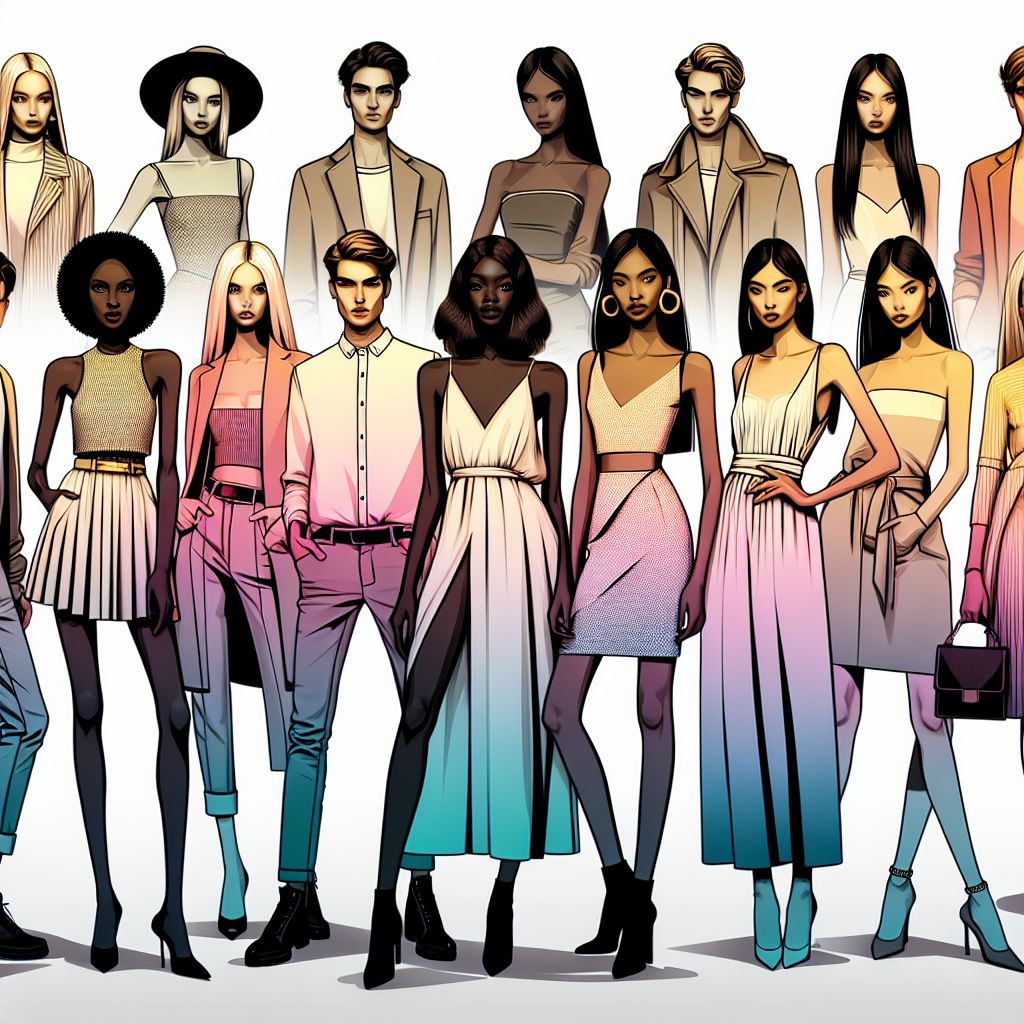 models in illustration style with gradients and white background