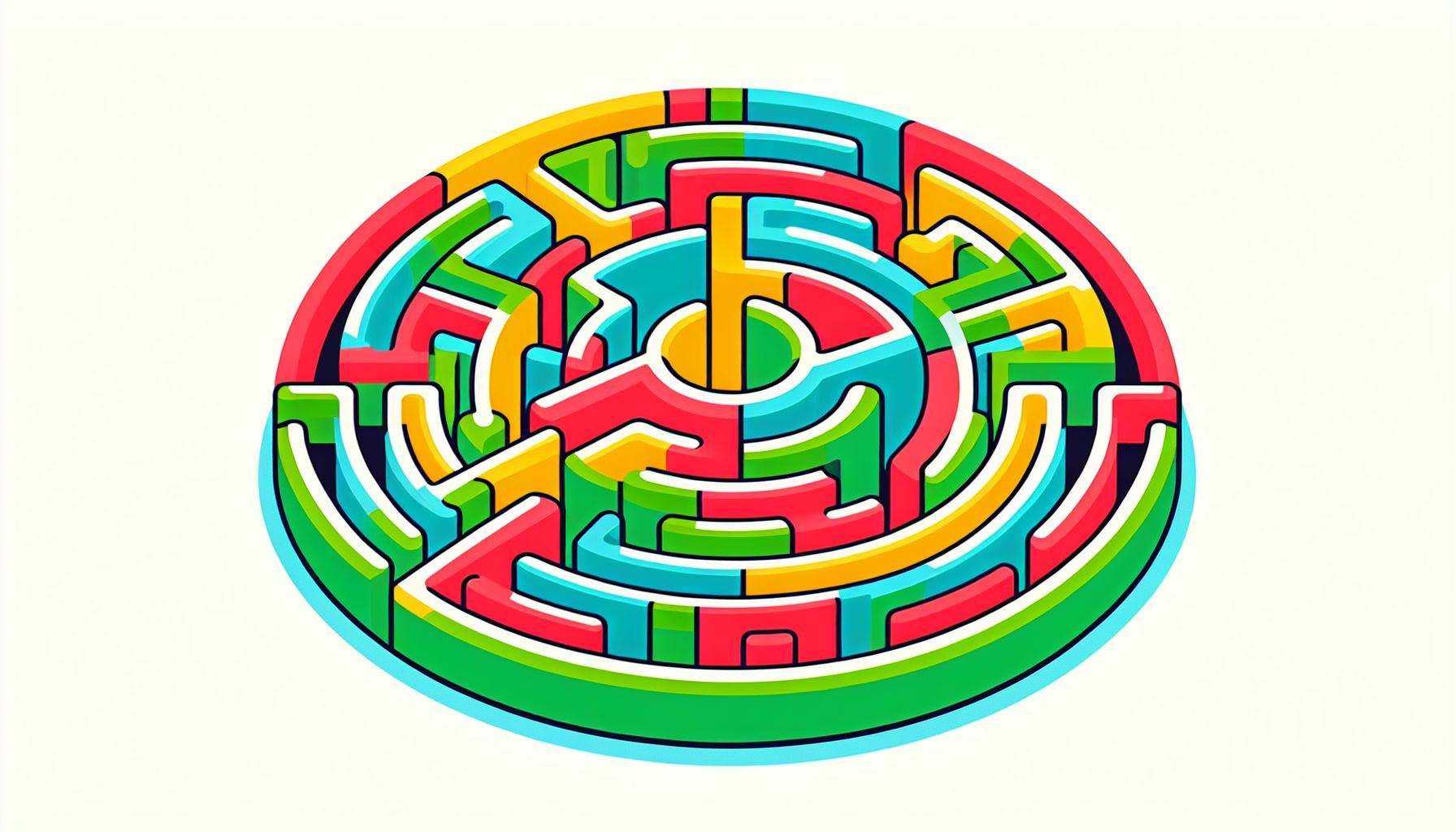 Labyrinth in flat illustration style and white background, red #f47574, green #88c7a8, yellow #fcc44b, and blue #645bc8 colors.