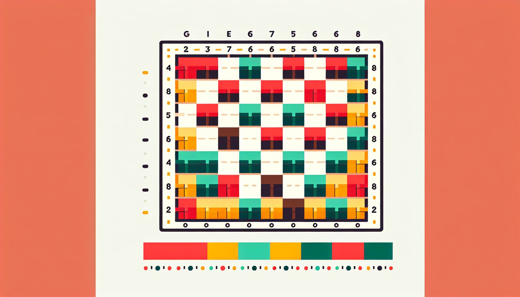 Chessboard in flat illustration style and white background, red #f47574, green #88c7a8, yellow #fcc44b, and blue #645bc8 colors.