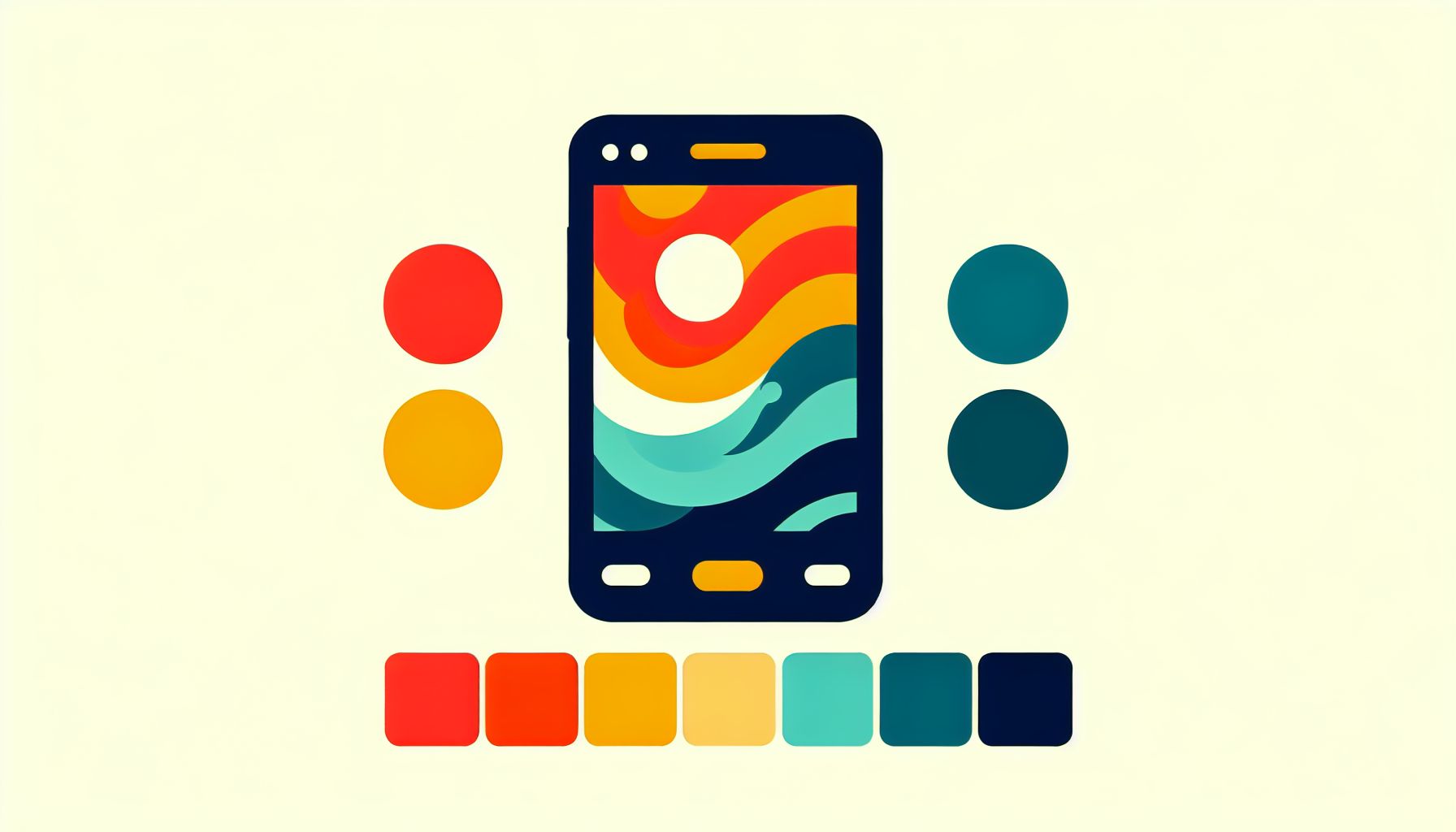Smartphone in flat illustration style and white background, red #f47574, green #88c7a8, yellow #fcc44b, and blue #645bc8 colors.