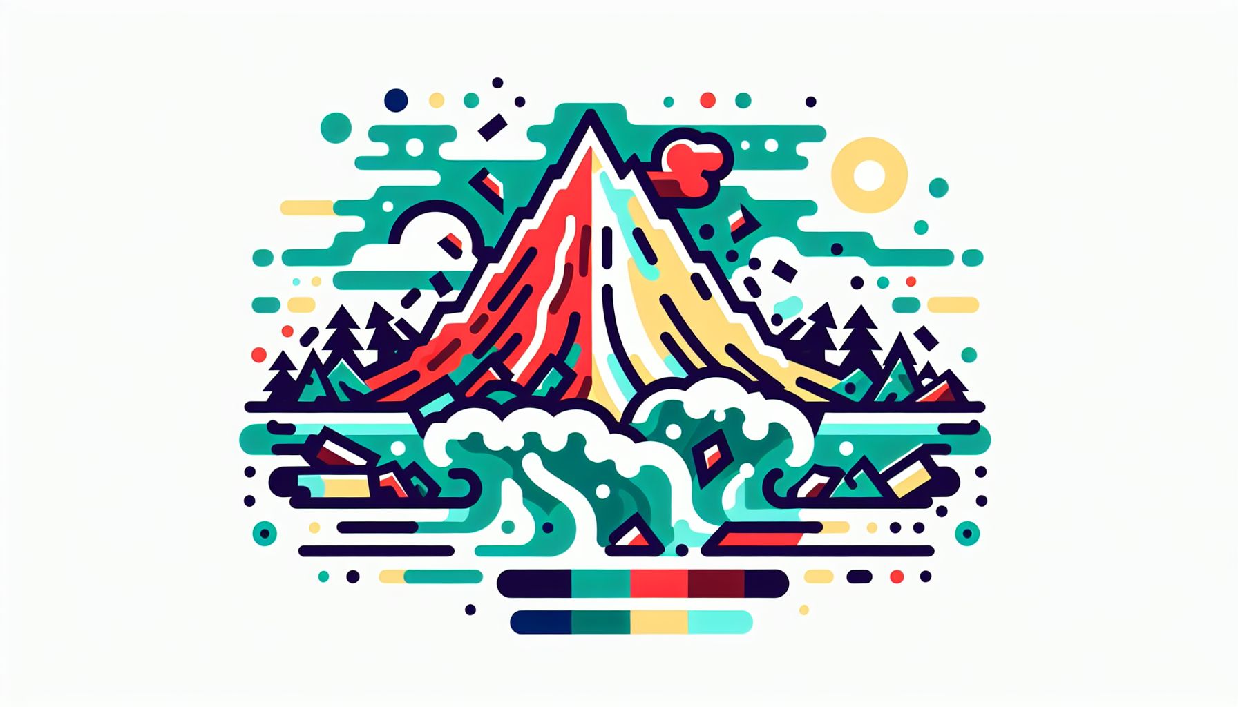 Earthquake in flat illustration style and white background, red #f47574, green #88c7a8, yellow #fcc44b, and blue #645bc8 colors.
