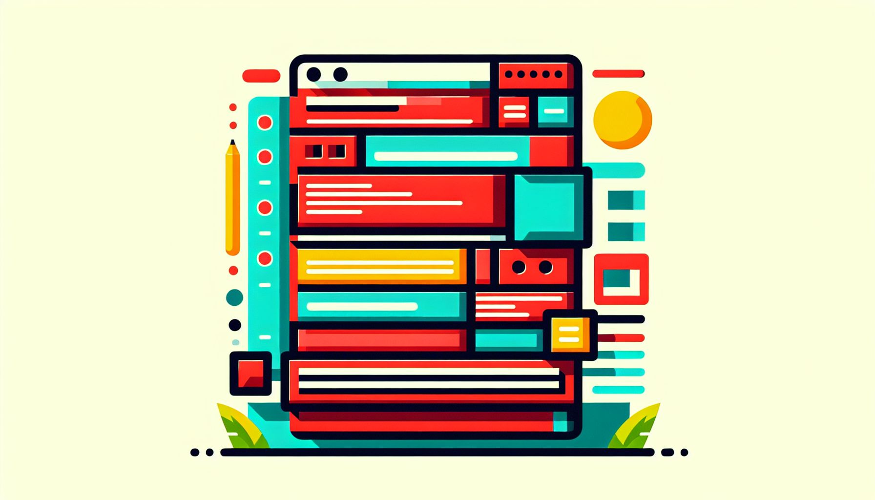 Software in flat illustration style and white background, red #f47574, green #88c7a8, yellow #fcc44b, and blue #645bc8 colors.