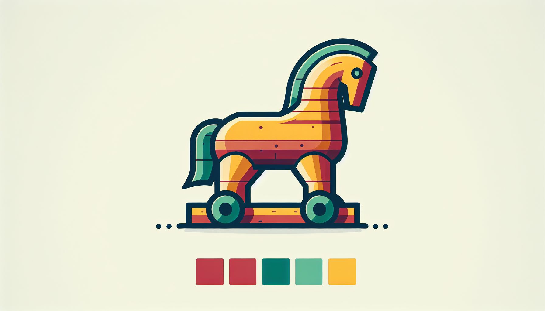Trojan horse in flat illustration style and white background, red #f47574, green #88c7a8, yellow #fcc44b, and blue #645bc8 colors.