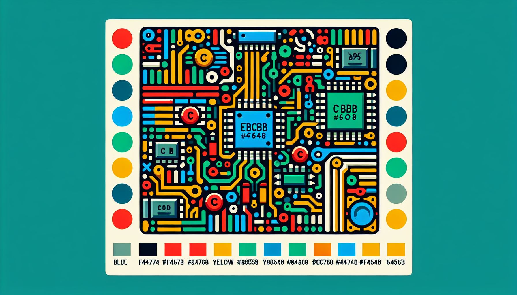 Circuit board in flat illustration style and white background, red #f47574, green #88c7a8, yellow #fcc44b, and blue #645bc8 colors.