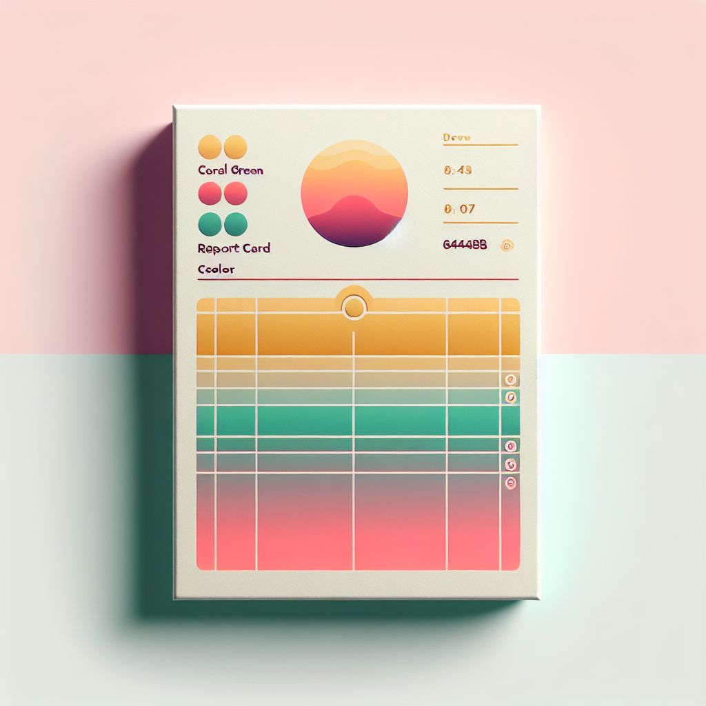 Report card in illustration style with gradients and white background, f47574, 88c7a8, fcc44b, and 645bc8 colors.