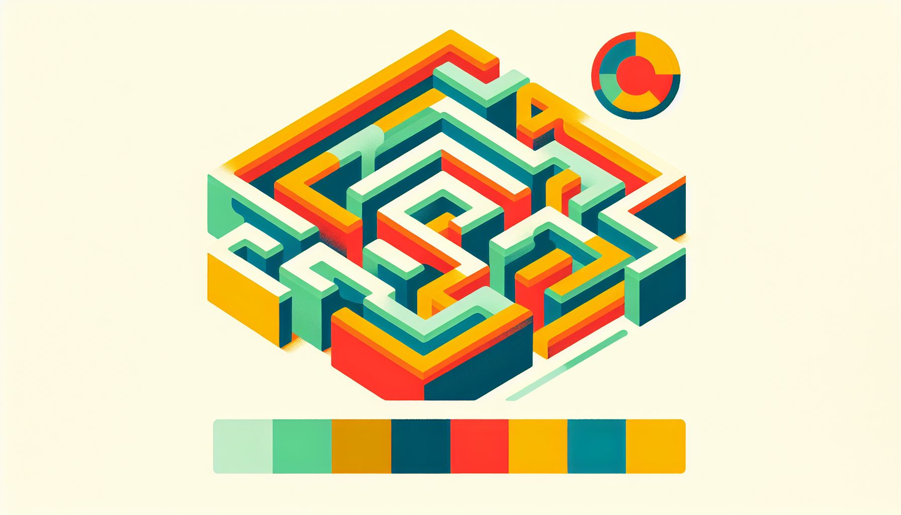 Labyrinth in flat illustration style and white background, red #f47574, green #88c7a8, yellow #fcc44b, and blue #645bc8 colors.