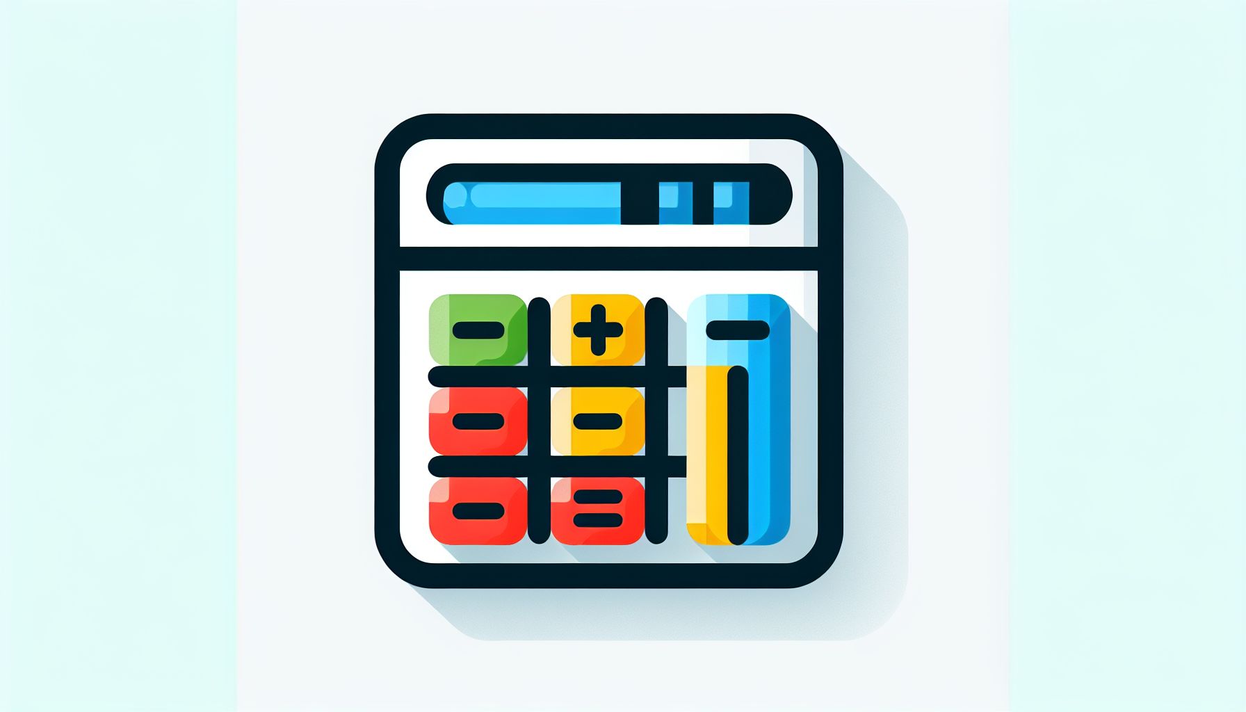 Calculator in flat illustration style and white background, red #f47574, green #88c7a8, yellow #fcc44b, and blue #645bc8 colors.