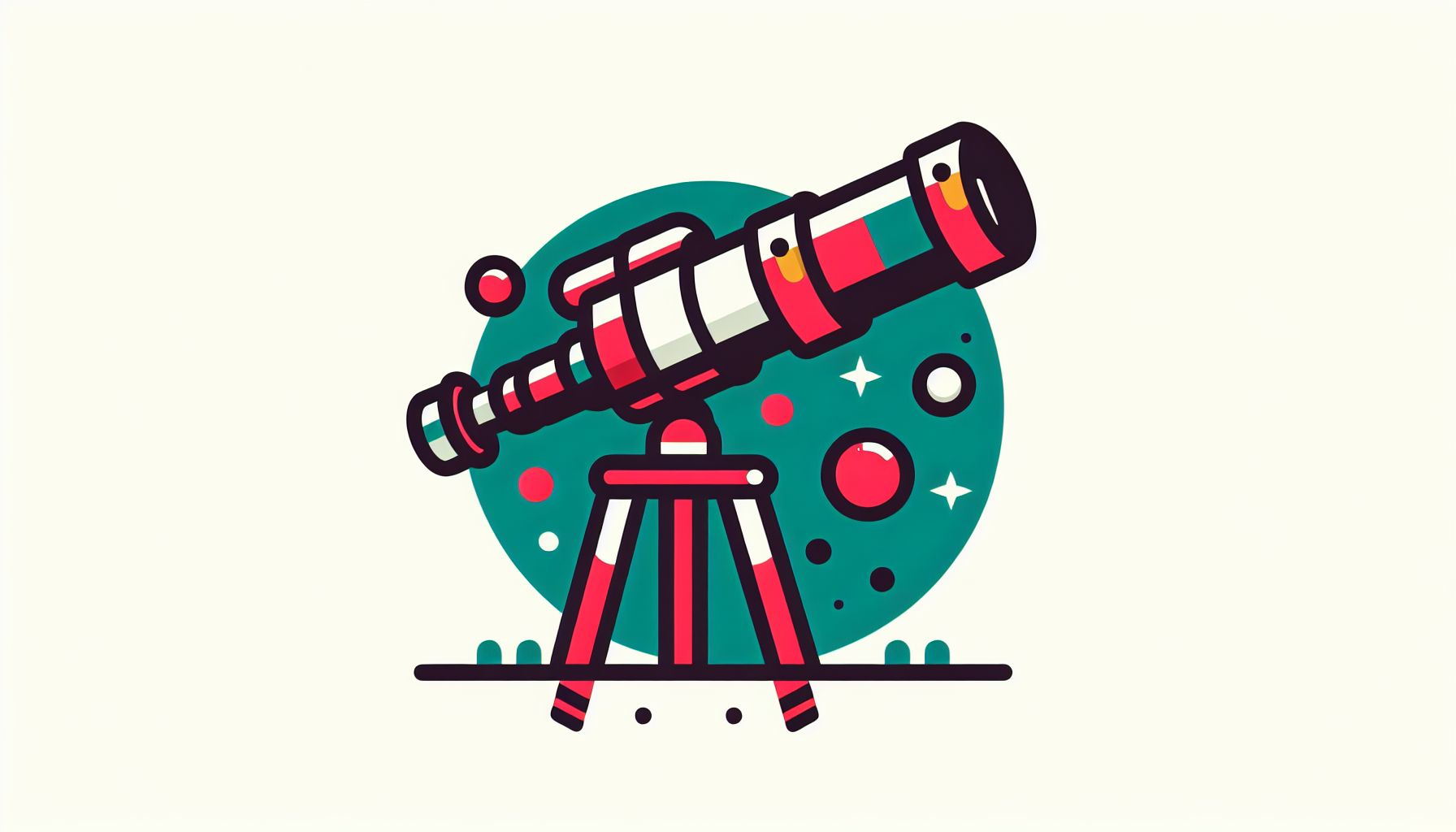 Telescope in flat illustration style and white background, red #f47574, green #88c7a8, yellow #fcc44b, and blue #645bc8 colors.