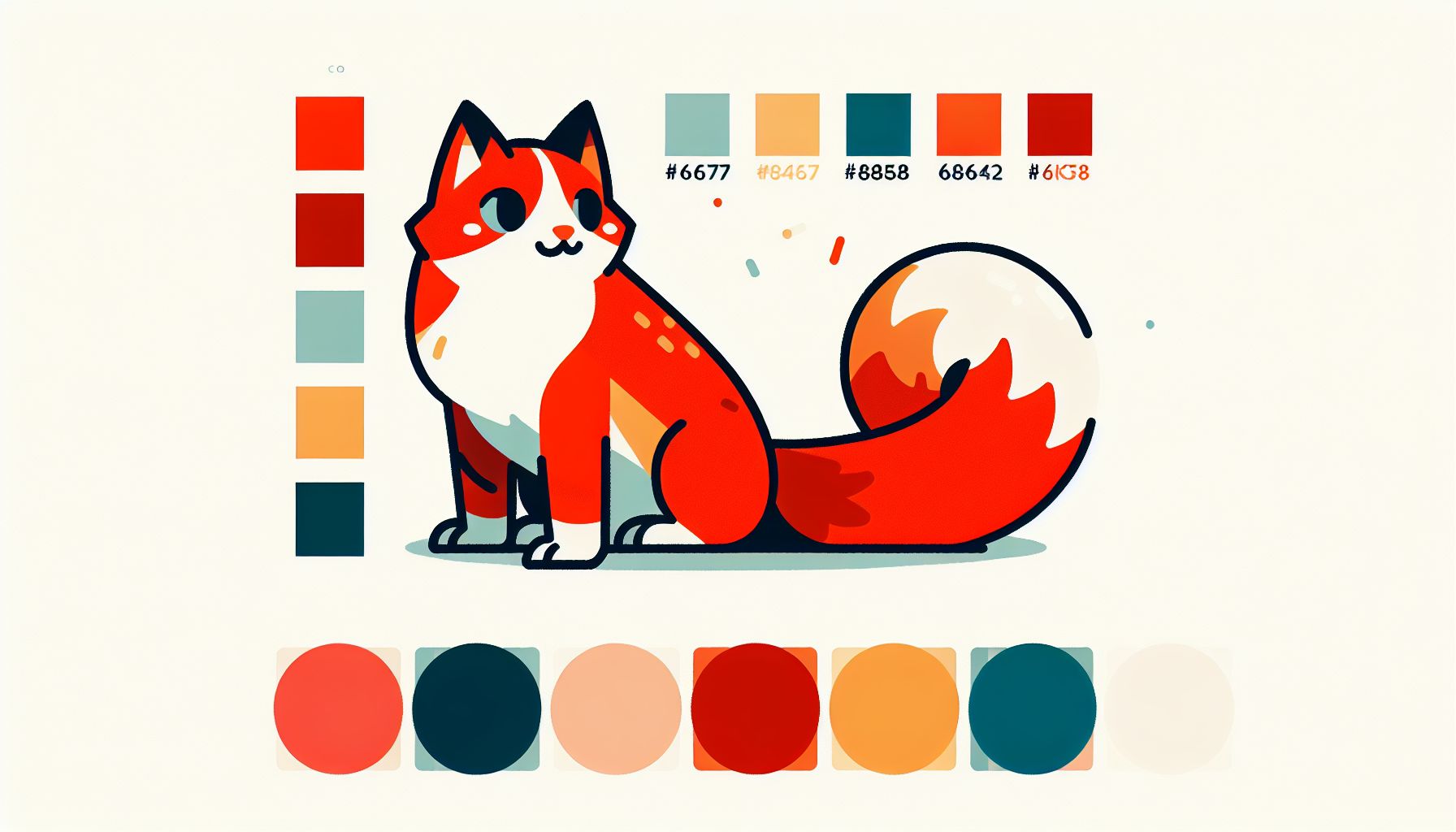 Cat in flat illustration style and white background, red #f47574, green #88c7a8, yellow #fcc44b, and blue #645bc8 colors.