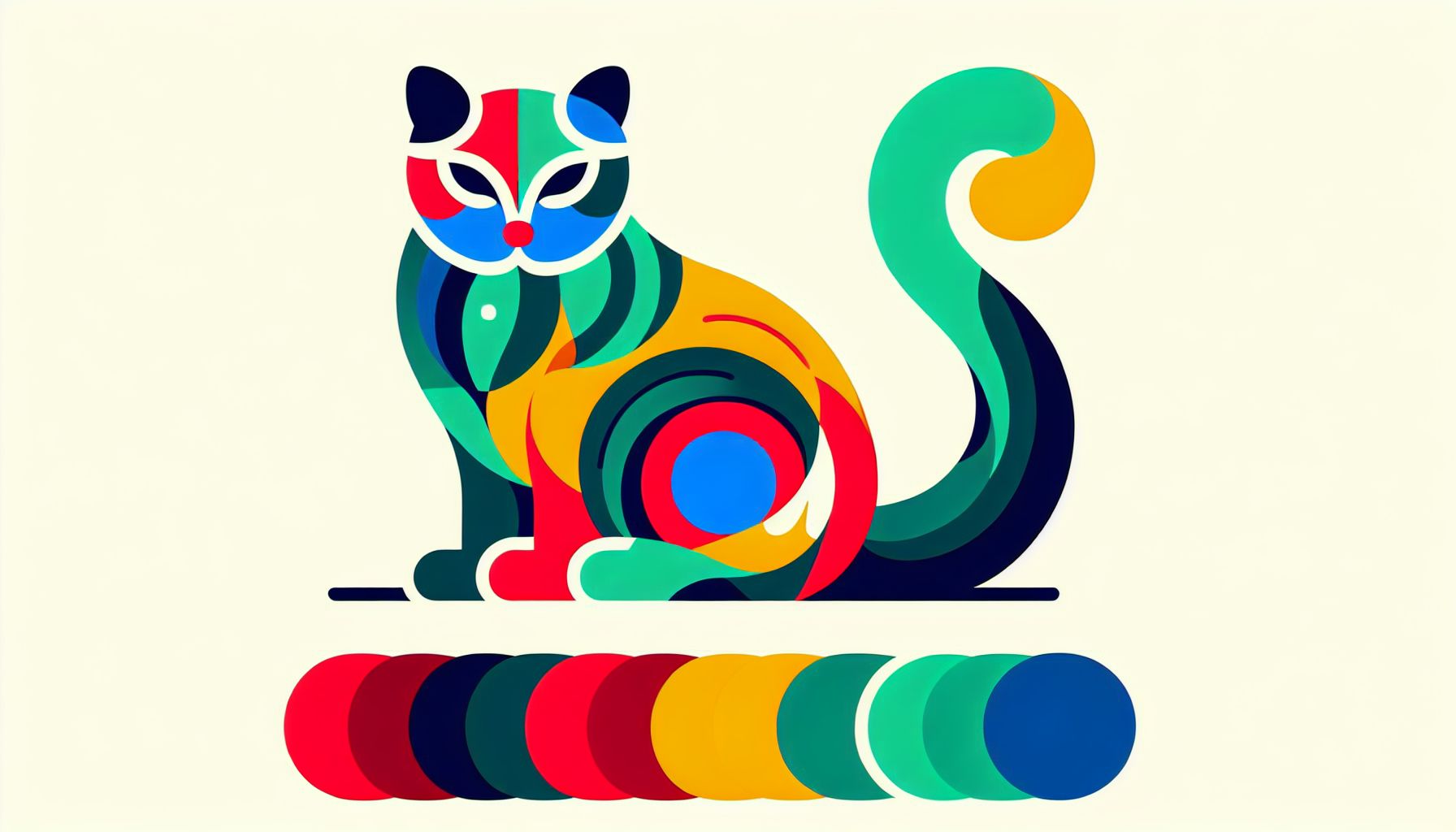 Cat in flat illustration style and white background, red #f47574, green #88c7a8, yellow #fcc44b, and blue #645bc8 colors.