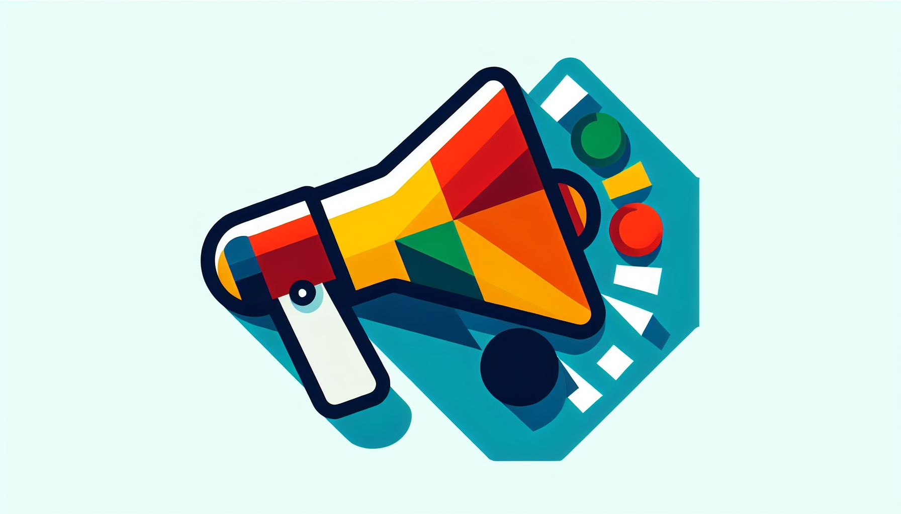 Megaphone in flat illustration style and white background, red #f47574, green #88c7a8, yellow #fcc44b, and blue #645bc8 colors.