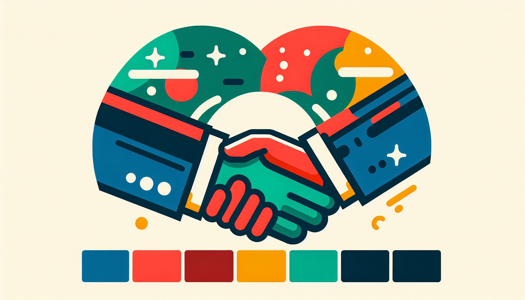 Handshake in flat illustration style and white background, red #f47574, green #88c7a8, yellow #fcc44b, and blue #645bc8 colors.