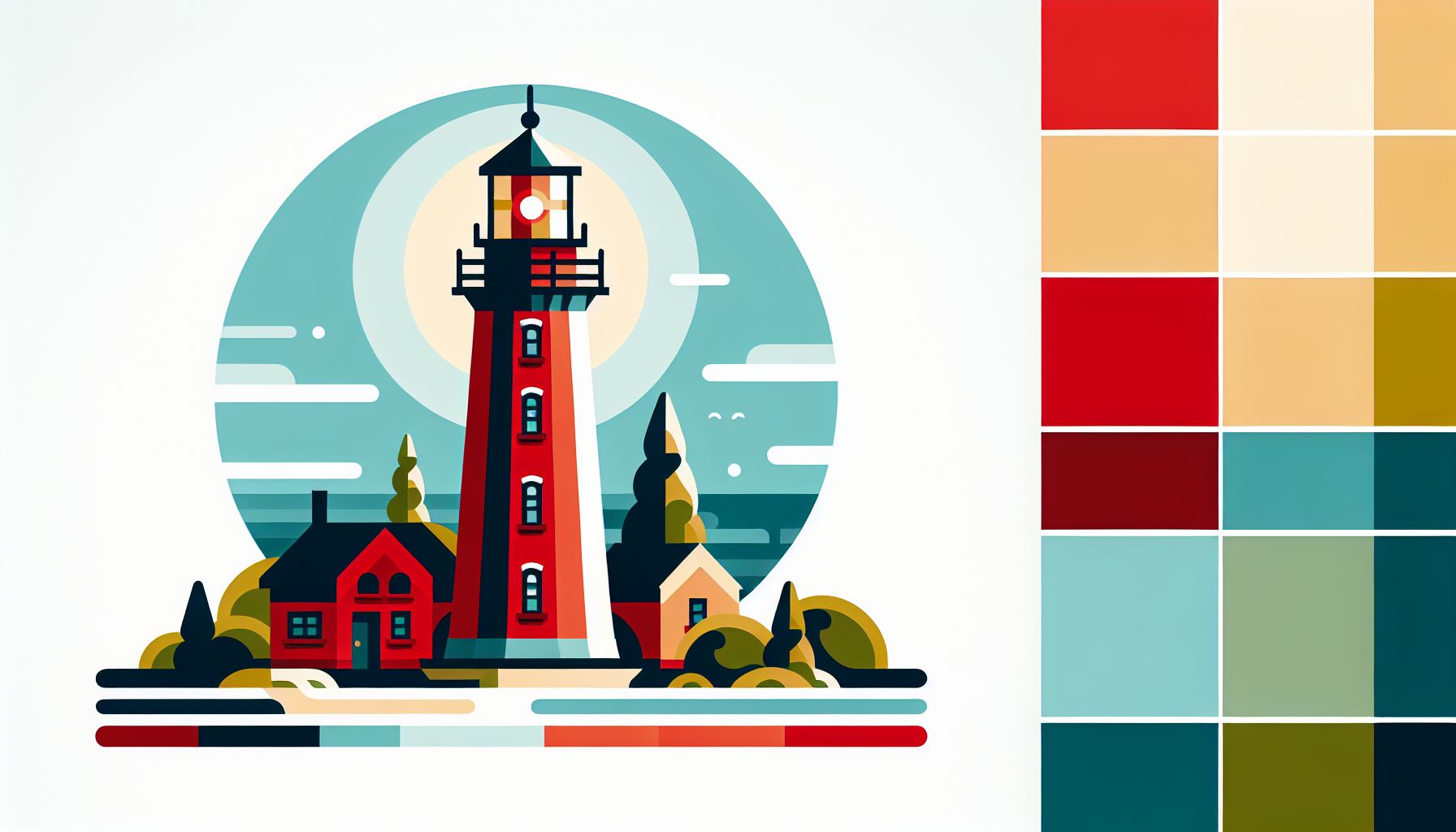 Lighthouse in flat illustration style and white background, red #f47574, green #88c7a8, yellow #fcc44b, and blue #645bc8 colors.