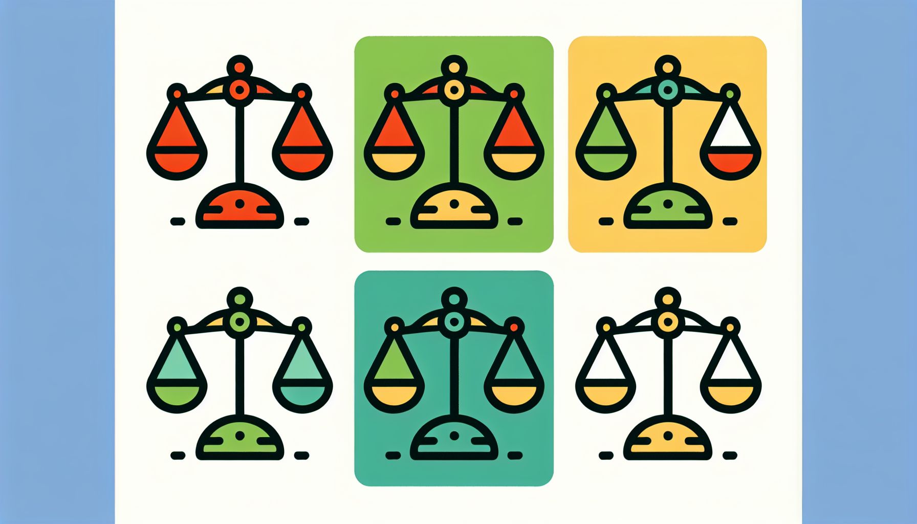 Scales in flat illustration style and white background, red #f47574, green #88c7a8, yellow #fcc44b, and blue #645bc8 colors.