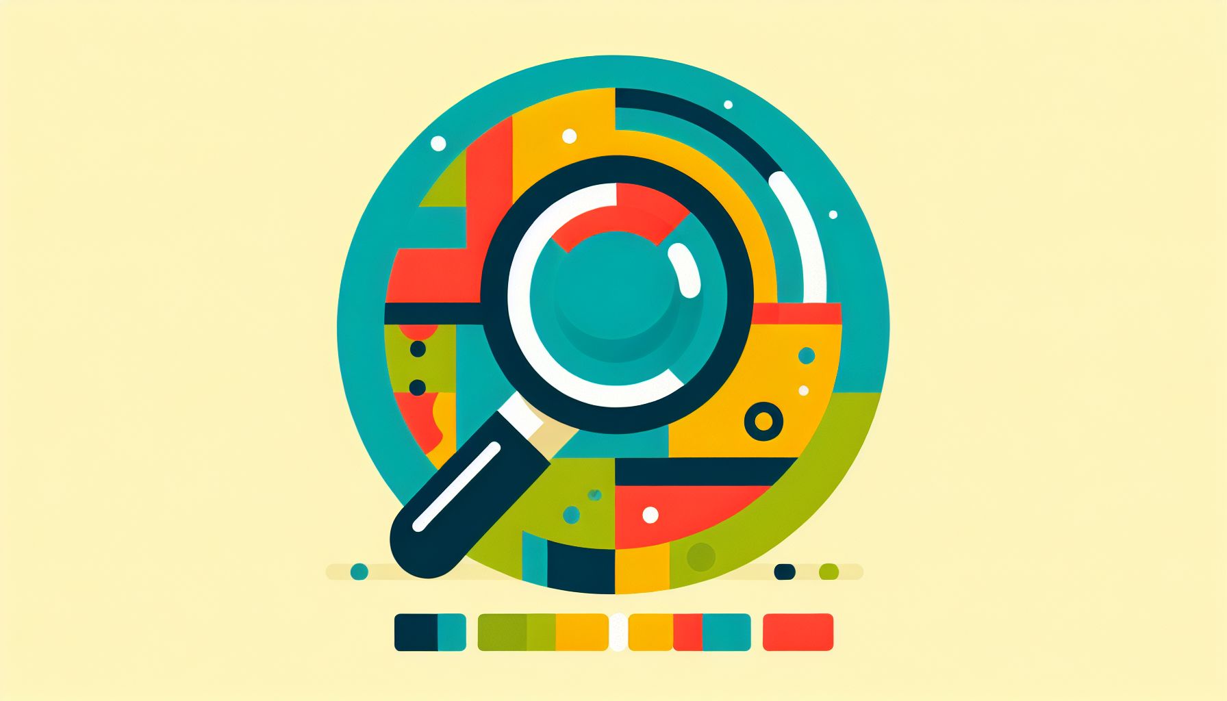 Magnifying glass in flat illustration style and white background, red #f47574, green #88c7a8, yellow #fcc44b, and blue #645bc8 colors.