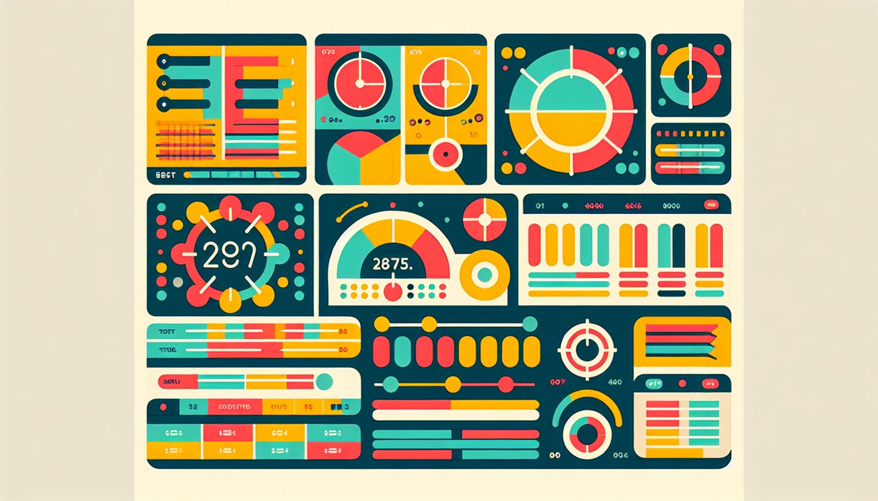 Dashboard in flat illustration style and white background, red #f47574, green #88c7a8, yellow #fcc44b, and blue #645bc8 colors.