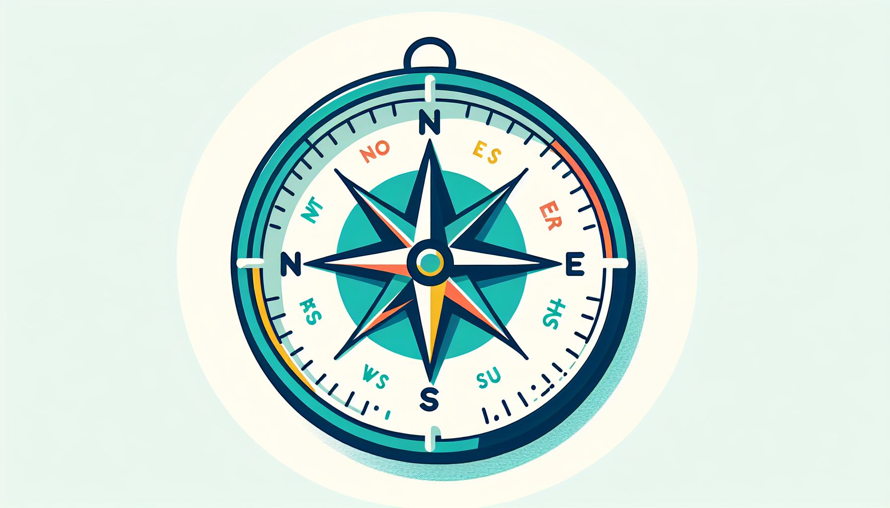Compass in flat illustration style and white background, red #f47574, green #88c7a8, yellow #fcc44b, and blue #645bc8 colors.