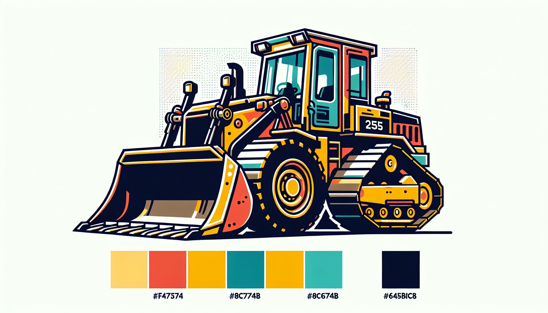 Bulldozer in flat illustration style and white background, red #f47574, green #88c7a8, yellow #fcc44b, and blue #645bc8 colors.