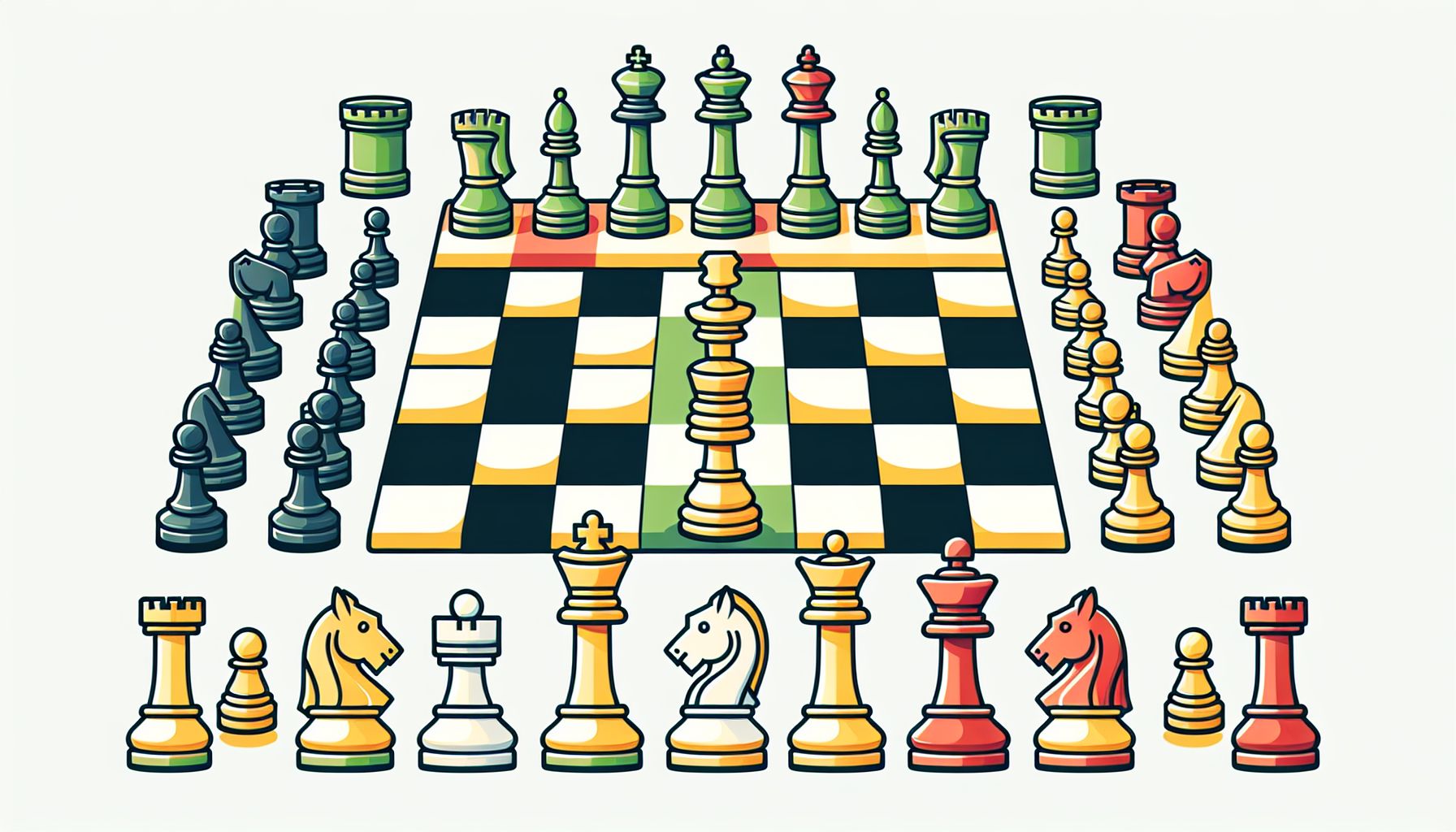 Chessboard in flat illustration style and white background, red #f47574, green #88c7a8, yellow #fcc44b, and blue #645bc8 colors.