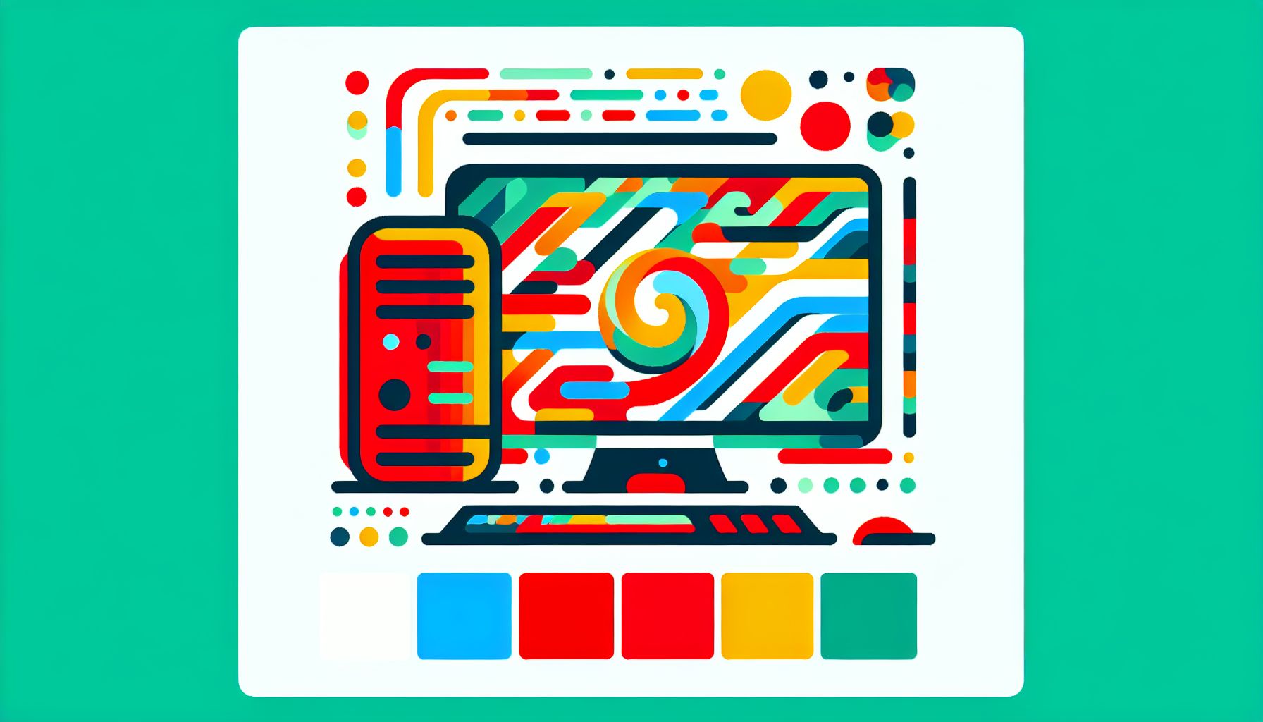 Computer in flat illustration style and white background, red #f47574, green #88c7a8, yellow #fcc44b, and blue #645bc8 colors.