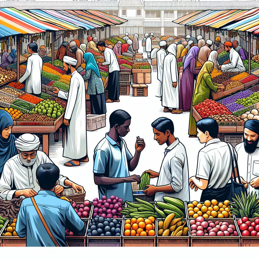 Marketplace in illustration style with gradients and white background