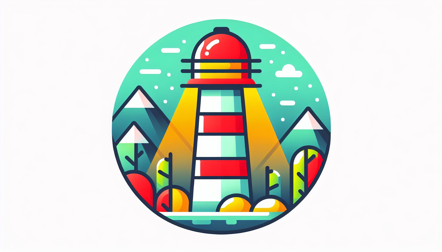 Beacon in flat illustration style and white background, red #f47574, green #88c7a8, yellow #fcc44b, and blue #645bc8 colors.