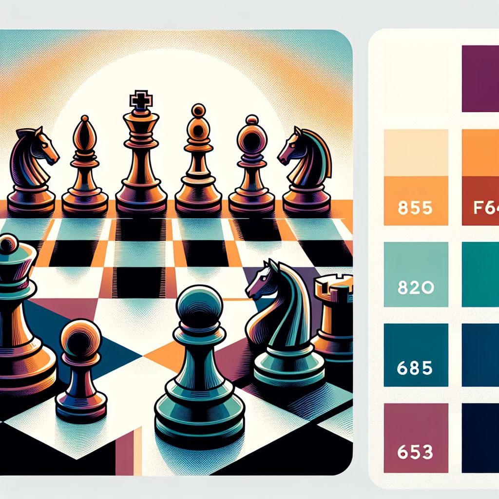 Chessboard in illustration style with gradients and white background, f47574, 88c7a8, fcc44b, and 645bc8 colors.