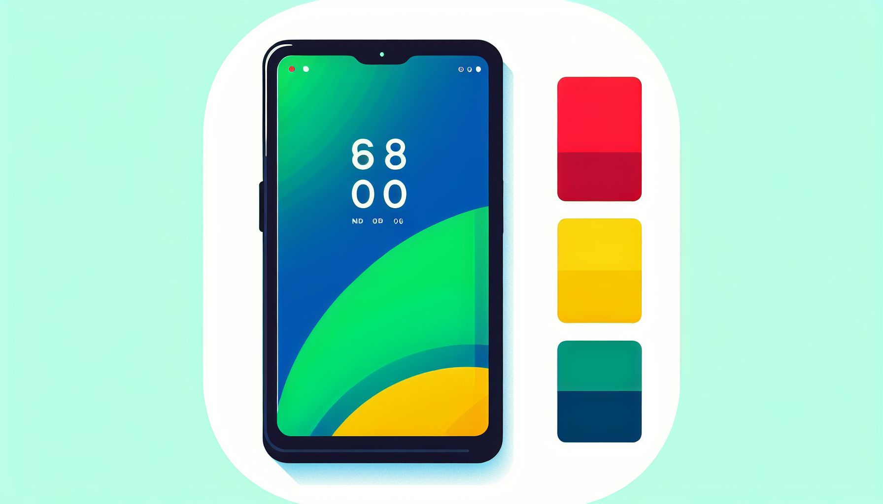 Smartphone in flat illustration style and white background, red #f47574, green #88c7a8, yellow #fcc44b, and blue #645bc8 colors.