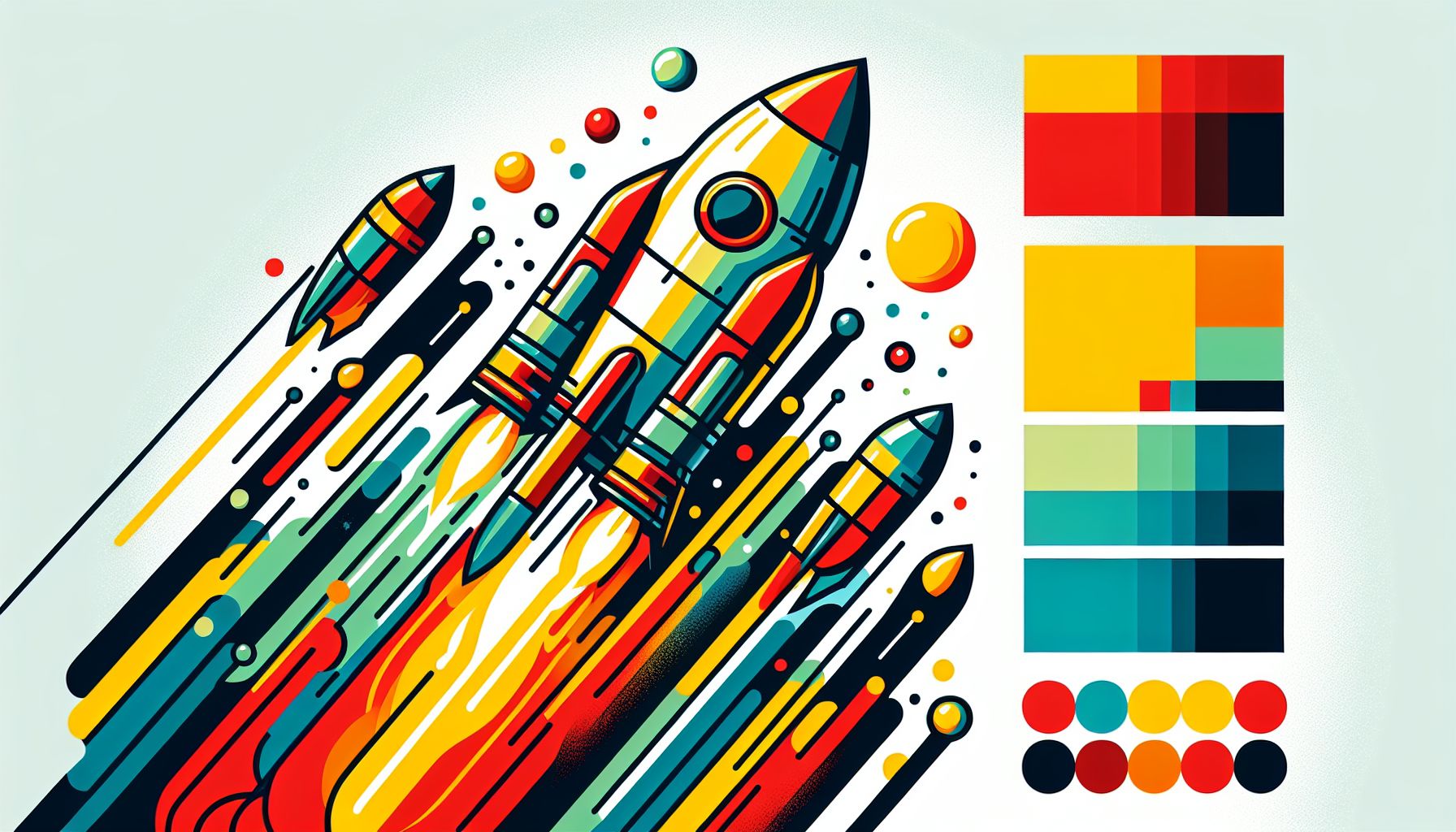 Rocket in flat illustration style and white background, red #f47574, green #88c7a8, yellow #fcc44b, and blue #645bc8 colors.