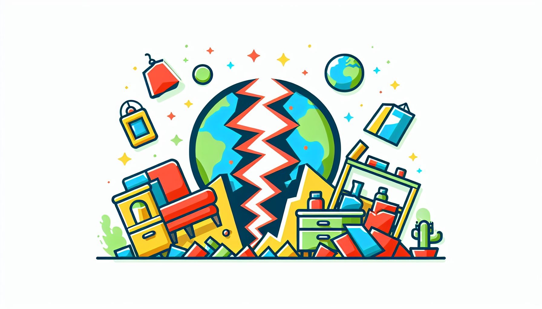 Earthquake in flat illustration style and white background, red #f47574, green #88c7a8, yellow #fcc44b, and blue #645bc8 colors.
