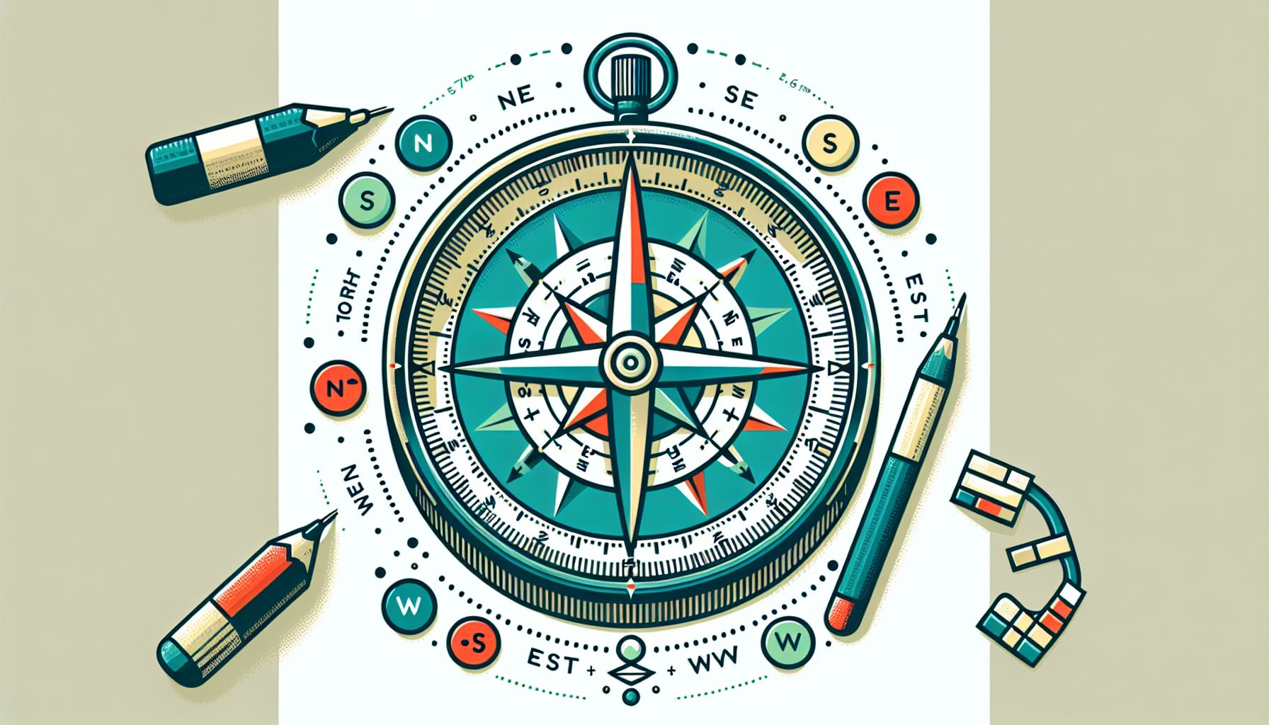 Compass in flat illustration style and white background, red #f47574, green #88c7a8, yellow #fcc44b, and blue #645bc8 colors.