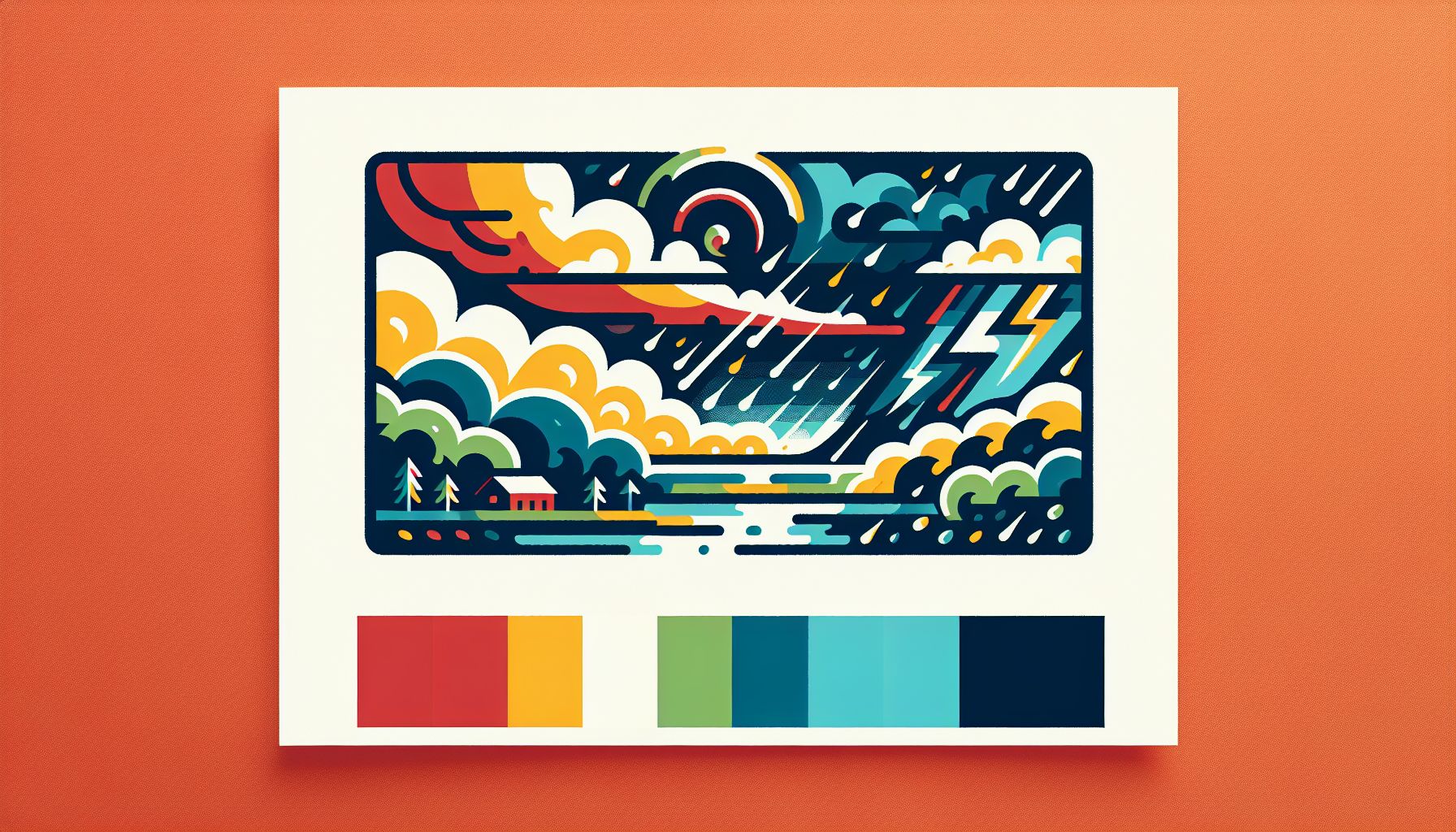 Storm in flat illustration style and white background, red #f47574, green #88c7a8, yellow #fcc44b, and blue #645bc8 colors.