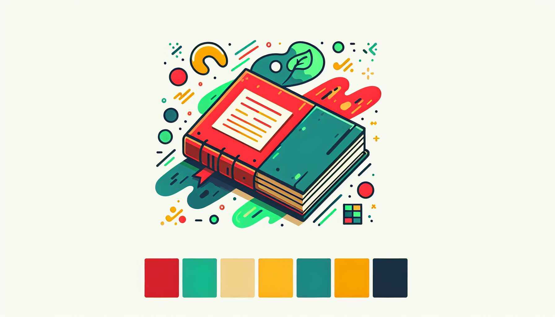 Sketchbook in flat illustration style and white background, red #f47574, green #88c7a8, yellow #fcc44b, and blue #645bc8 colors.