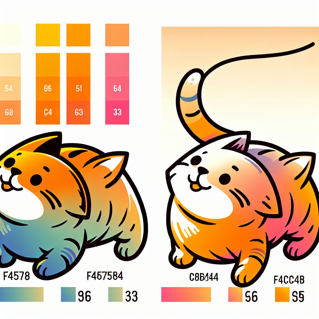 Cat in illustration style with gradients and white background, f47574, 88c7a8, fcc44b, and 645bc8 colors.