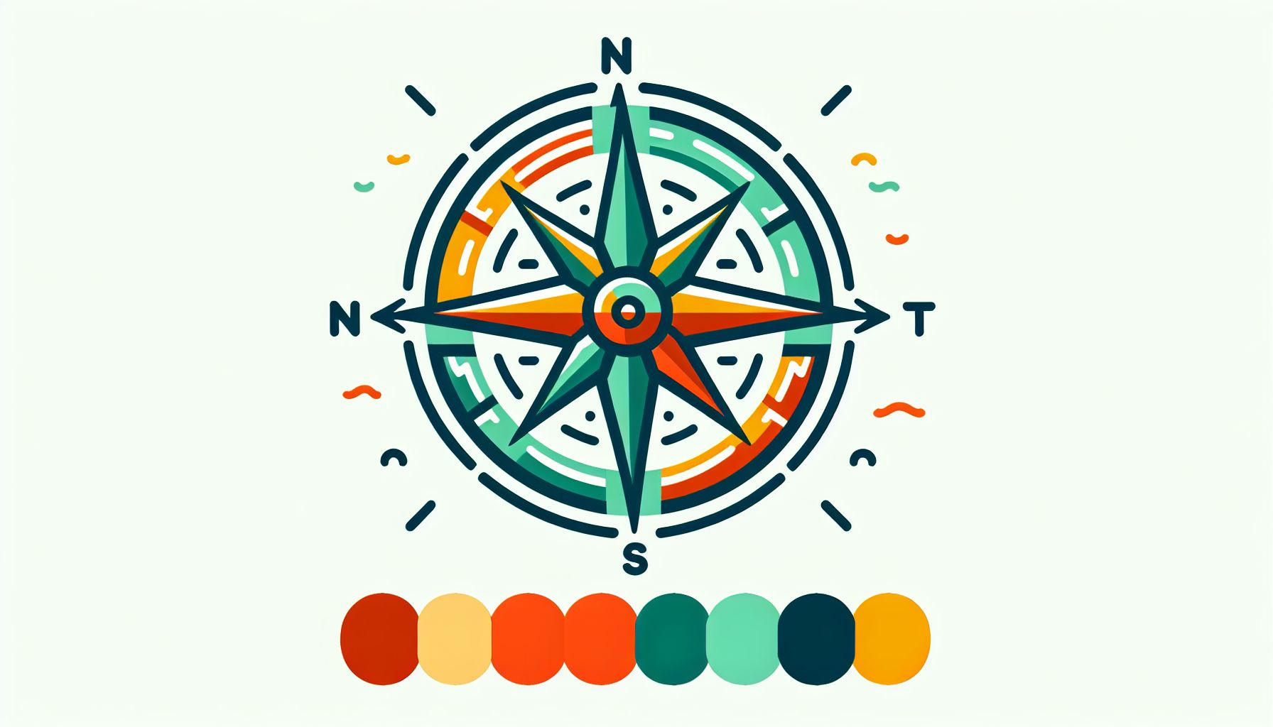 Compass in flat illustration style and white background, red #f47574, green #88c7a8, yellow #fcc44b, and blue #645bc8 colors.