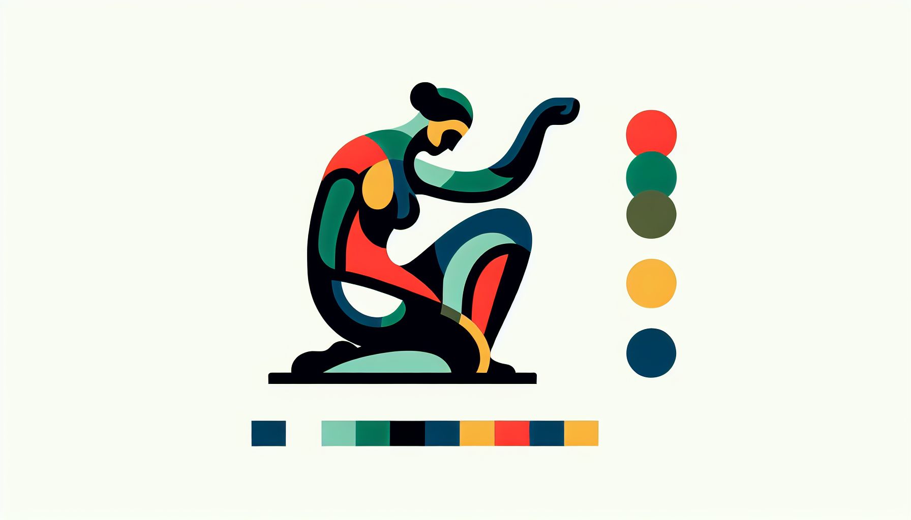 Sculpture in flat illustration style and white background, red #f47574, green #88c7a8, yellow #fcc44b, and blue #645bc8 colors.